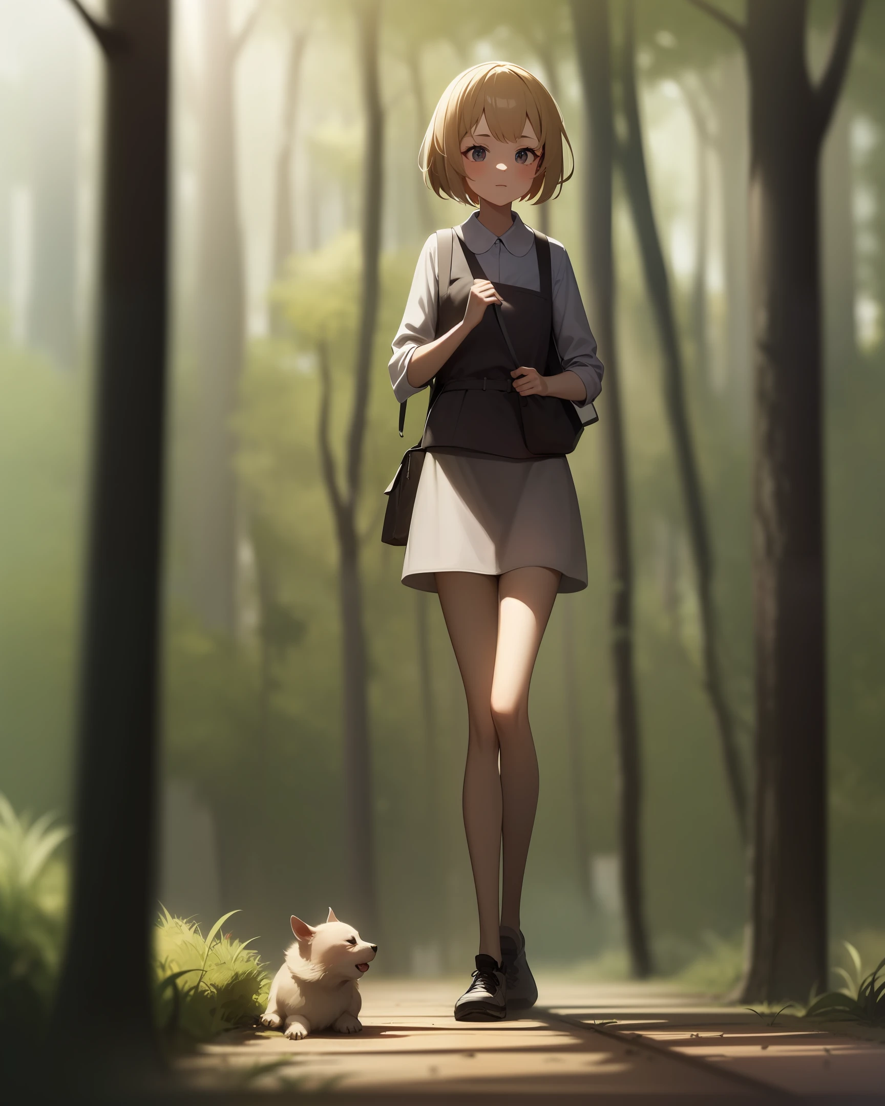 Civilian clothes in the forest，A girl with short hair carrying a bag，Crouch down and pet the puppy，The light and shadow are beautiful，Two-dimensional art style, high-definition picture quality