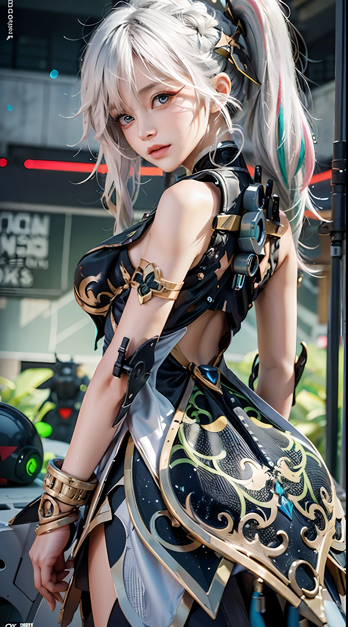1girll，araffed robot with a gun and a gun in its hand, Seductive body，Super cute girl，Monster background，Godzilla background，Huge mech back, female mecha, wlop and krenz cushart, 4k highly detailed digital art, anime robotic mixed with organic, High quality digital concept art, by Krenz Cushart, cyberpunk anime girl mech，Pink and white mech, girl in mecha cyber armor, Impressive face， delicated face，facial closeups，Elaborate Eyes， Handsome fighting stance，Particle，High detail in light and shadow，Push back feeling，future warrior，Exquisite body details，Best Tech Poster，Best 4k anime wallpapers，Reasonable body structure，Short pink and white hair，Hair details of the mechanism，Reasonable body structure，laser，wing，Cool weapon，A body，Reasonable body structure