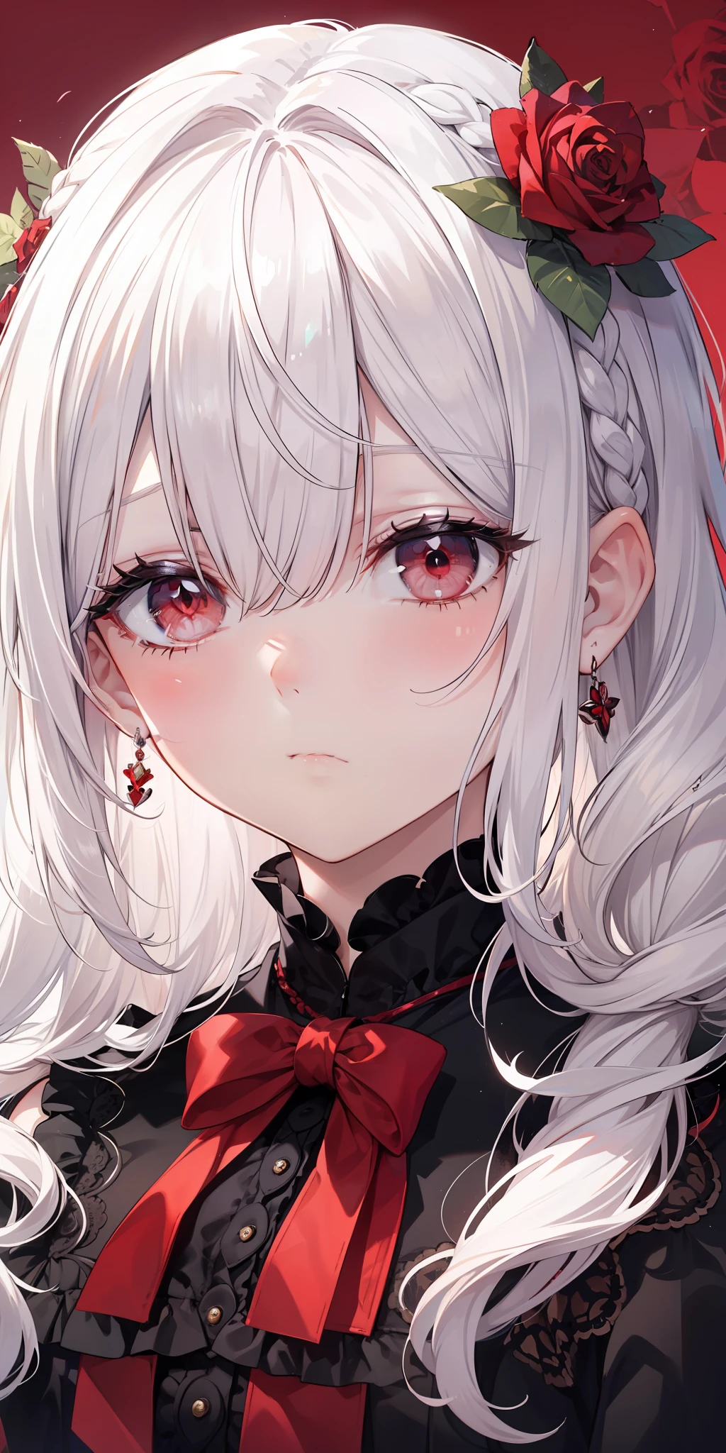 (limited palette), best quality, (((masterpiece))), (((beautiful detailed hair))), (((beautiful detailed skin))), solo, girl, younger, loli, (white hair))), red eyes, (mascara), blunt bangs, ((hair over eyes)), long hair, medium breasts, frilled white dress, white frills, too many frills, rose, noble, loyal, brides hair head, (((eye focus))), (((expressionless))), blurry background, empty eyes, blank eyes, (red theme), bedroom background, looking at viewer, (((hair tucking))), (((night))), half-closed eyes, close-up, (((hair ornament))), upright body, Neatly cut bangs, braided hair behind head, sleeveless dress,