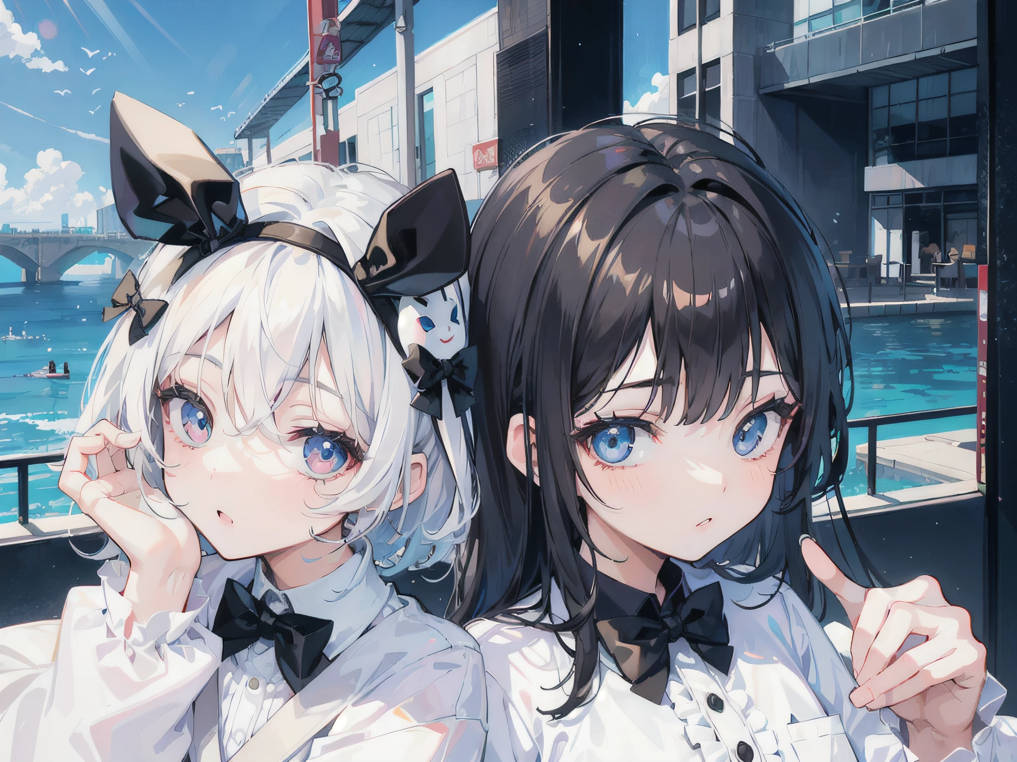 A girl with a black bow on her head and a boy with a white mask,The aquarium is in the background,Selfies,Anime style