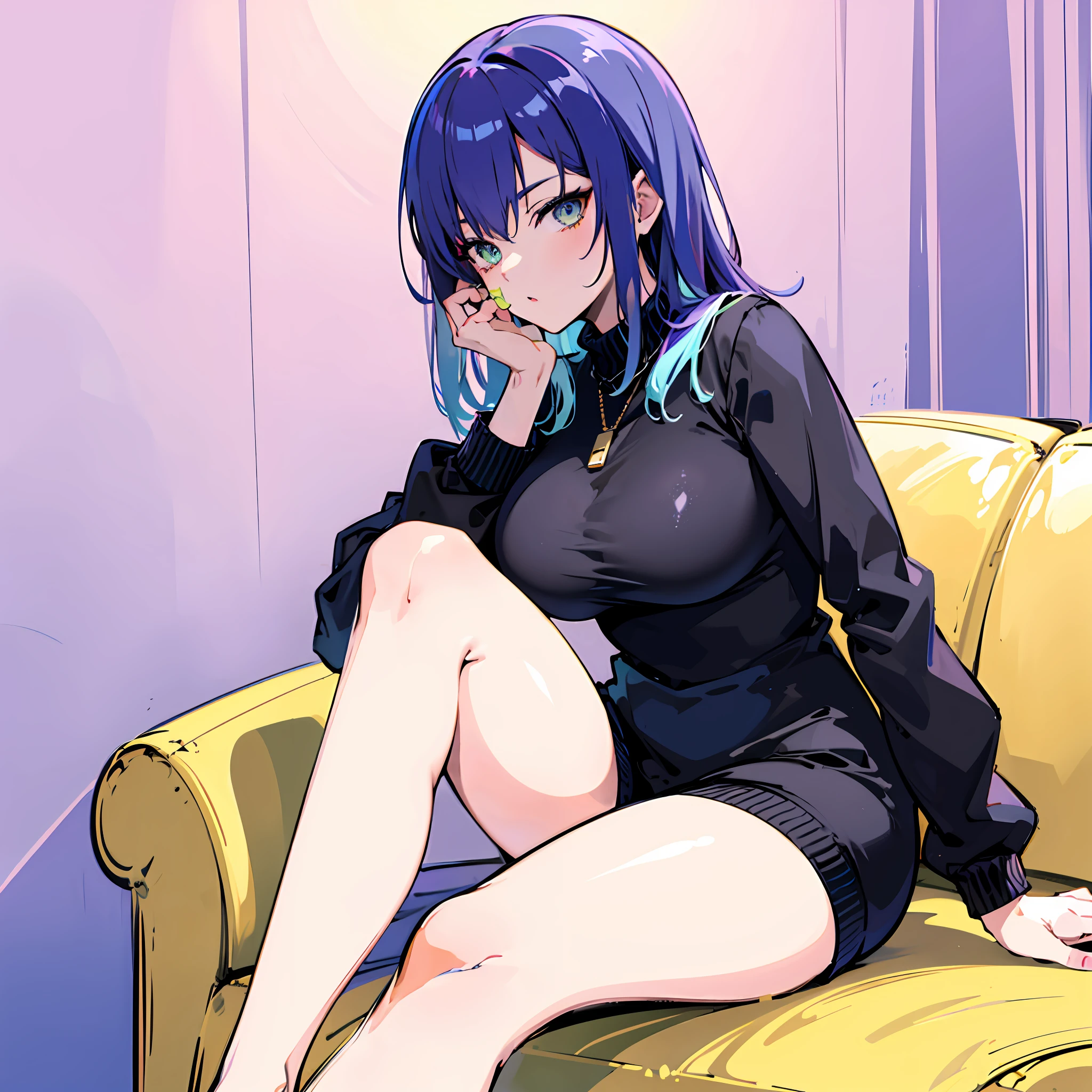 anime girl sitting on a couch with her legs crossed, inspired by moona hoshinova, 2 d anime style, made with anime painter studio, anime moe artstyle, [ digital art ]!!, in an anime style, in anime style, paint tool sai!! blue, anime artstyle, cel - shaded art style, unknown artstyle, sitting on the couch (gg unity, 8k wallpaper, ultra HD, master piece, best highlight, cool light), (living room, couch, dim light,purple wall), (1girl,solo) ((blue medium hair, with green highlight hair), fair skin, simetrical face, beautifil face (high detail eyes, green eyes)), (poker face), ((big breast, best body drawing, thick body, thick leg), (wearing black jumper jacket), (bare leg exposed)), view front rigth botom edge.