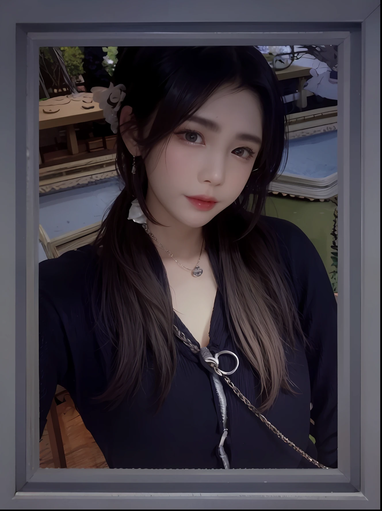 Woman wearing a necklace，cabelos preto e longos，High nose，二重まぶた，The figure of the character，with long dark hair，Black clothes，Necklace shoulder bag