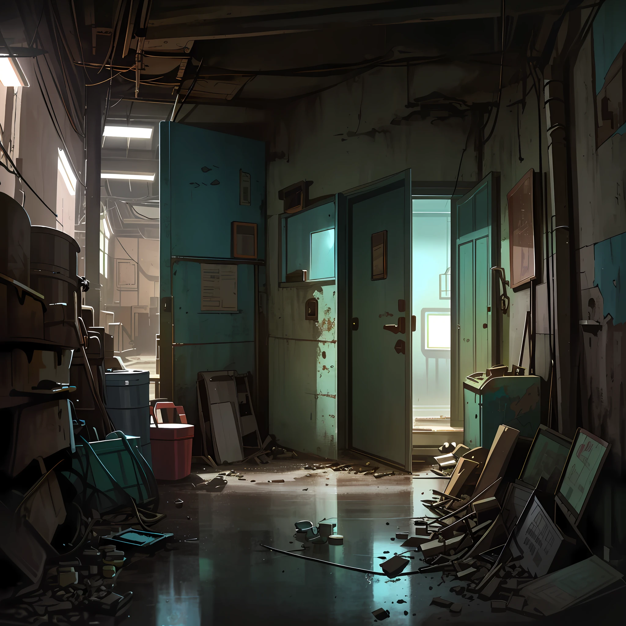 hyperrealistic and very detailed illustration of the entrance of a patio, point of view from the outside, image very loaded with objects, point of view from below, dirty cement stairs with cracks, green wastebasket, metal signs, seats, cables, pole, pastel blue telephone booth, rusty guardrails, pipes, pipes in the walls, electric meter, gray and dark walls, empty boxes, old papers on the floor, damaged wall paint, some garbage on the floor, metal and rusty scrap, machine parts (rusty, brown), very detailed advertisements on the neon wall, spotlight lights (very radiant blue light), artificial and sterile environment, very dark night, fog and somewhat dense smoke, very dark landscape shadows, red and green neon lights, night, some snow all over the landscape, humidity, puddles of water reflecting the dim ambient light