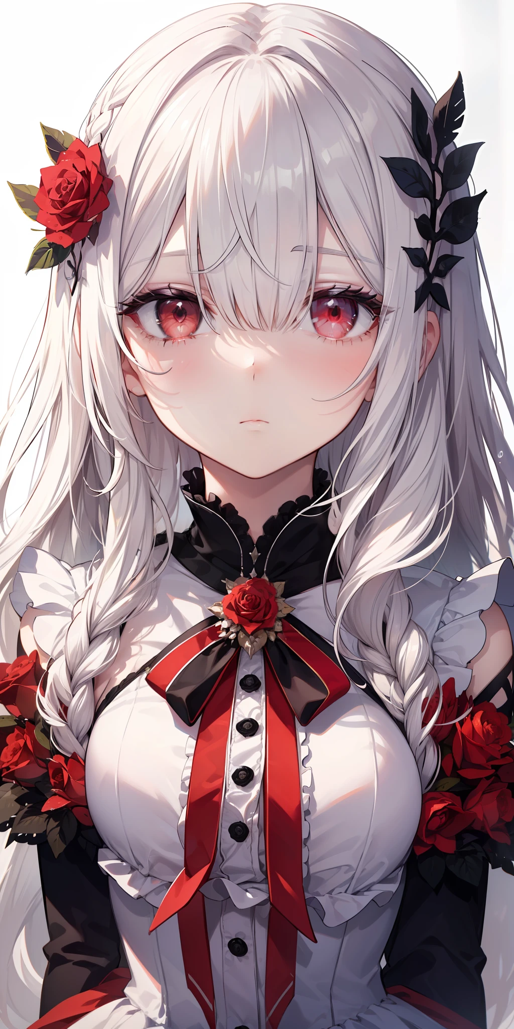 (limited palette), best quality, (((masterpiece))), (((beautiful detailed hair))), (((beautiful detailed skin))), solo, little girl, younger, loli, (((white hair))), red eyes, (mascara), blunt bangs, ((hair over eyes)), long hair, medium breasts, frilled white dress, white frills, too many frills, rose, noble, loyal, brides hair head, (((eye focus))), (((expressionless))), blurry background, empty eyes, blank eyes, (red theme), bedroom background, looking at viewer, (((hair tucking))), (((night))), half-closed eyes, close-up, (((hair ornament))), upright body, Neatly cut bangs, braided hair behind head, sleeveless dress,