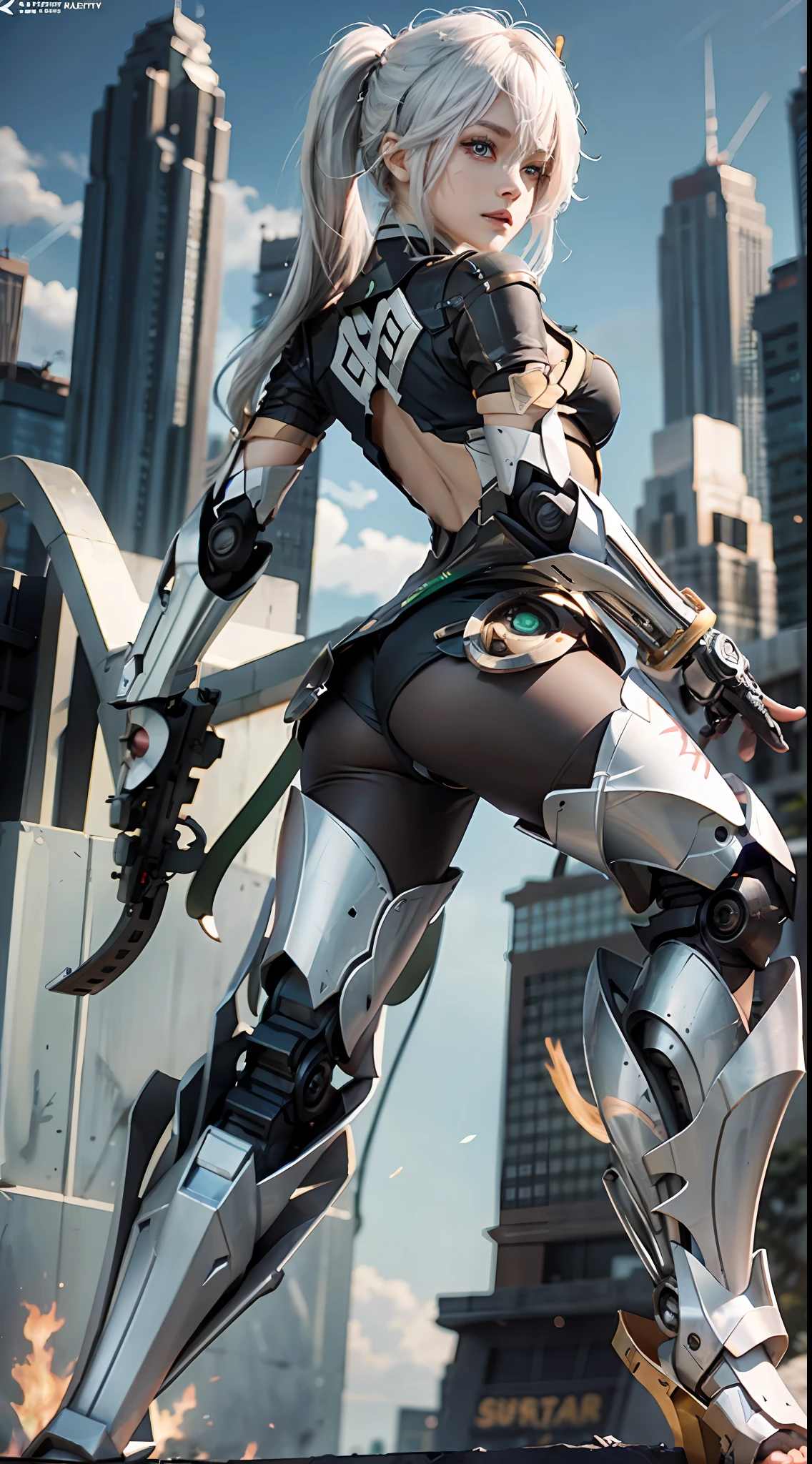 1girll,araffed robot with a gun and a gun in its hand, Seductive body,Super cute girl,Monster background,Godzilla background,Huge mech back, female mecha, wlop and krenz cushart, 4k highly detailed digital art, anime robotic mixed with organic, High quality digital concept art, by Krenz Cushart, cyberpunk anime girl mech,Pink and white mech, girl in mecha cyber armor, Impressive face, delicated face,facial closeups,Elaborate Eyes, Handsome fighting stance,Particle,High detail in light and shadow,Push back feeling,future warrior,Exquisite body details,Best Tech Poster,Best 4k anime wallpapers,Reasonable body structure,Short pink and white hair,Hair details of the mechanism,Reasonable body structure,laser,wing,Cool weapon,A body,Reasonable body structure