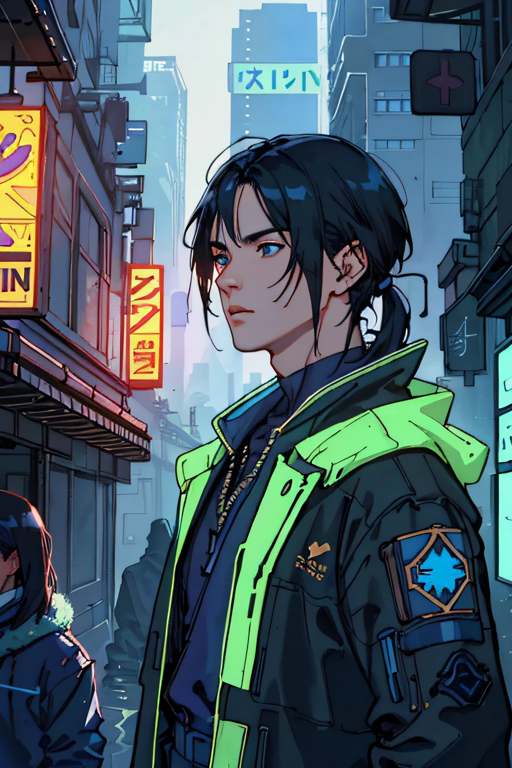 Antonio Moro, masterful, (1 male), (half body), Tall young man, ((Male focus)), Statuesque guy, medium-length black hair, Virtual antennas glowing in shades of violet and blue, half Asian skin tone with a slight golden hue, Bright green eyes, a small scar on the cheek, Sparks, particles, cyberpunk, future human, Looking_at_viewer, Reinforced suit, Small time device on the wrist, solo, standing, symmetrical eyes, subtle eye shadows, detailed face and eyes, Dynamic lighting, cinematic lighting, Volumetric lighting, Ultra high resolution, cyberpunk, Future city with bright neon lights, Cybernetic landscape, Style ModelShoot, (Extremely detailed CG unity 8k wallpapers), professional majestic oil painting by Ed Blinki, Attey Gaillan, Studio Ghibli, Jeremy Mann, Greg Manchess, trending on artstation, trending on CGsociety, intricate, high detail, sharp focus, dramatic, Photorealistic painting from Midjourney and Greg Rutkovski.