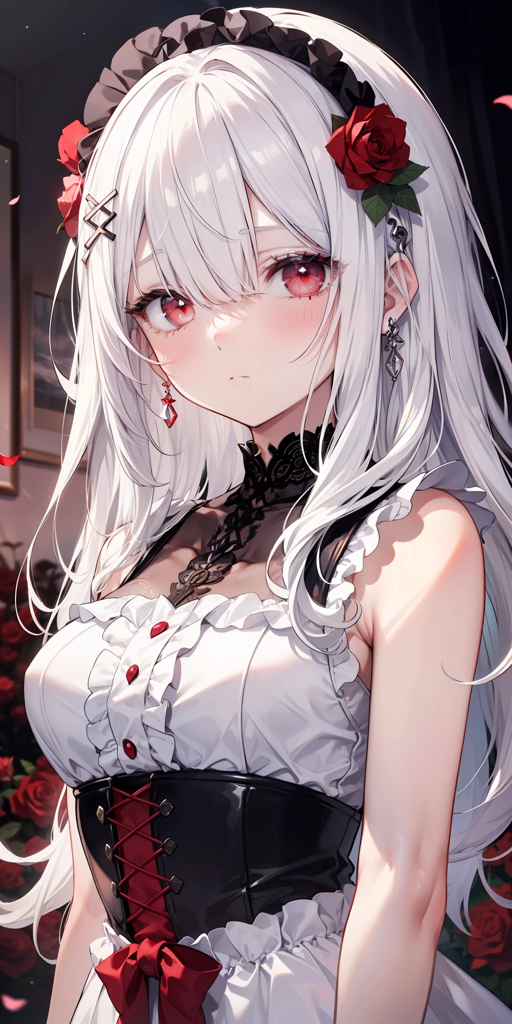 (limited palette), best quality, (((masterpiece))), (((beautiful detailed hair))), (((beautiful detailed skin))), solo, little girl, younger, loli, (((white hair))), red eyes, (mascara), blunt bangs, ((hair over eyes)), long hair, medium breasts, frilled white dress, white frills, too many frills, rose, noble, loyal, brides hair head, (((eye focus))), (((expressionless))), blurry background, empty eyes, blank eyes, (red theme), bedroom background, looking at viewer, (((hair tucking))), (((night))), half-closed eyes, close-up, (((hair ornament))), upright body, Neatly cut bangs, braided hair behind head, sleeveless dress,