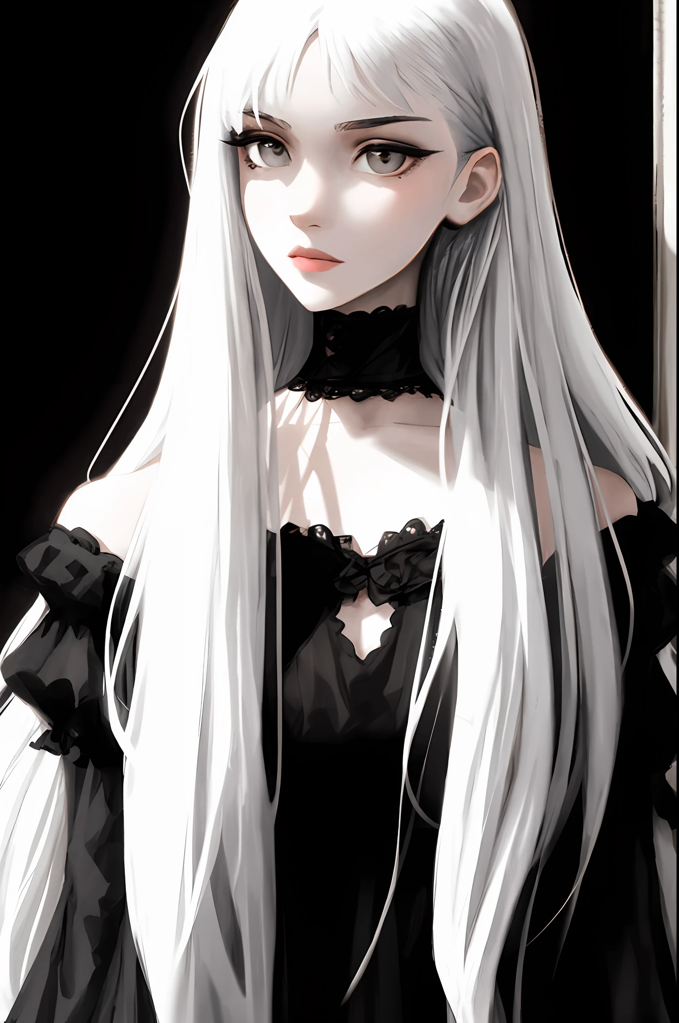 Young beautiful woman with long white hair with bangs and gray eyes in a black dress, Pale, Like marble, Character portrait, gothic art