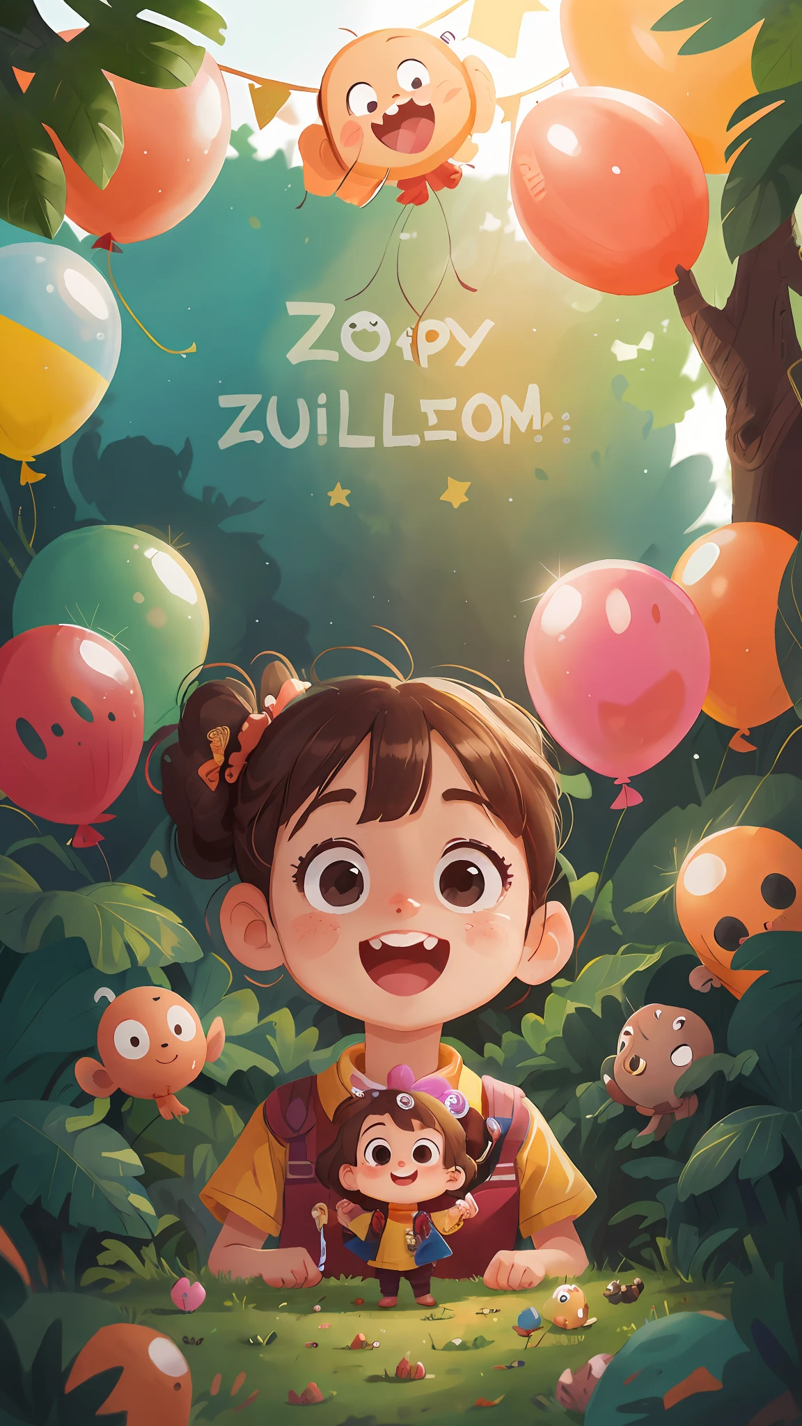 A girl, zoo, many balloons, happy, happy, perfect quality, clear focus (clutter-home: 0.8), (masterpiece: 1.2) (realistic: 1.2) (bokeh) (best quality) (detailed skin: 1.3) (intricate details) (8K) (detail eyes) (sharp focus), (happy)