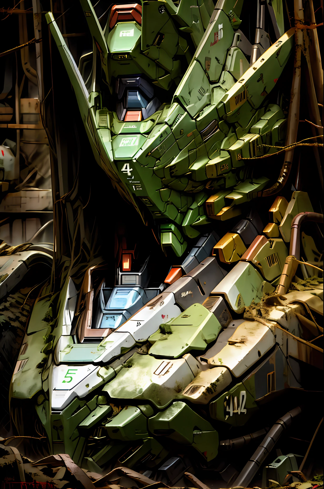 4K，Gundam Mech，Old，Metal friction，Breaking，Dilapidated，Dusty，Moss grows