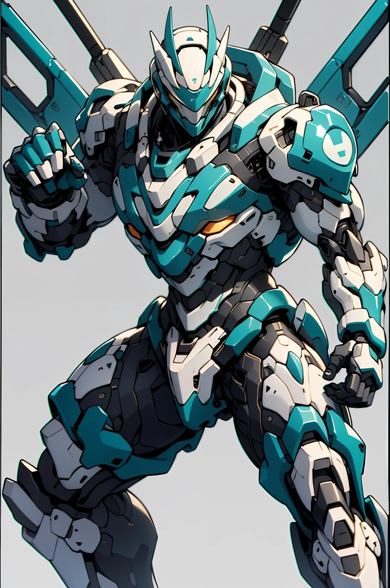 Teal and white theme，Cyan and white background，Tall mech，Blue-white mech，High-tech helmet，Simple appearance，muscular plump，holding a longsword，Aggressive posture