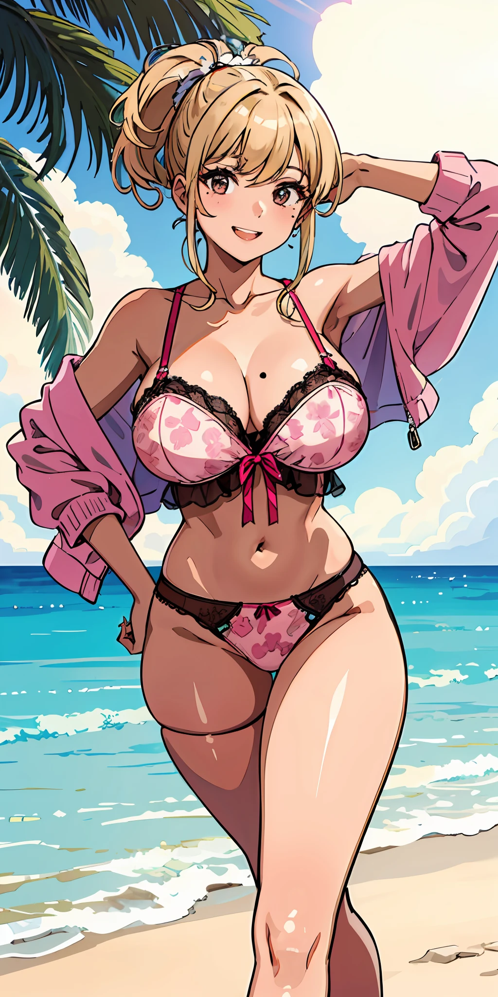 (top-quality、masterpiece)、1girl in、28 year old、A stunning、A smile、a blond、pink clothing、Brown-skinned、sun burn、Mole、(Colossal tits)、large full breasts、Sheer areol、A sexy、sexypose、I see underwear、an lingerie