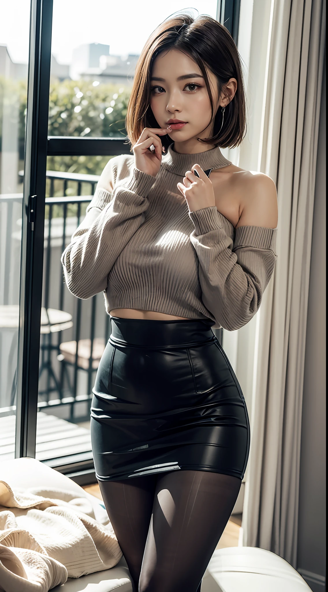 8K, hyper HD, best qualtiy, tmasterpiece, A high resolution, HDR style, cinematic ligh, 1girll, looking at viewert, Natural skin texture,Natural makeup,(best qualtiy:1.3), (tmasterpiece:1.1), cinematric light, Complicated details, (realisticlying), takeout, Beautiful outside,Super detailed face, and the sun was shining brightly, 韓国アイドル,(In the café:1.5) , peephole, highly detail eyes,dimple, short detailed hair, looking at viewert, Detailed trees,exposed bare shoulders, ribbed sweater, pencil skirts,high waist skirt,head rest,sitted,inside in room,black pantyhoses,Bed linen transport sweater,(ssmile),(full bodyesbian:1.6),Slender,Realistic Eyes and Face Details, Highly detailed lips, lipsticks, (putting makeup on), Natural eye shadow, dark brown hair, ssmile, Keep one's mouth shut, beautifullegs, petite female, being thin, Thin legs, 独奏, Gigantic big tits:1.2,Elongated abs:1.1,model poses,Superskirt, The shirt