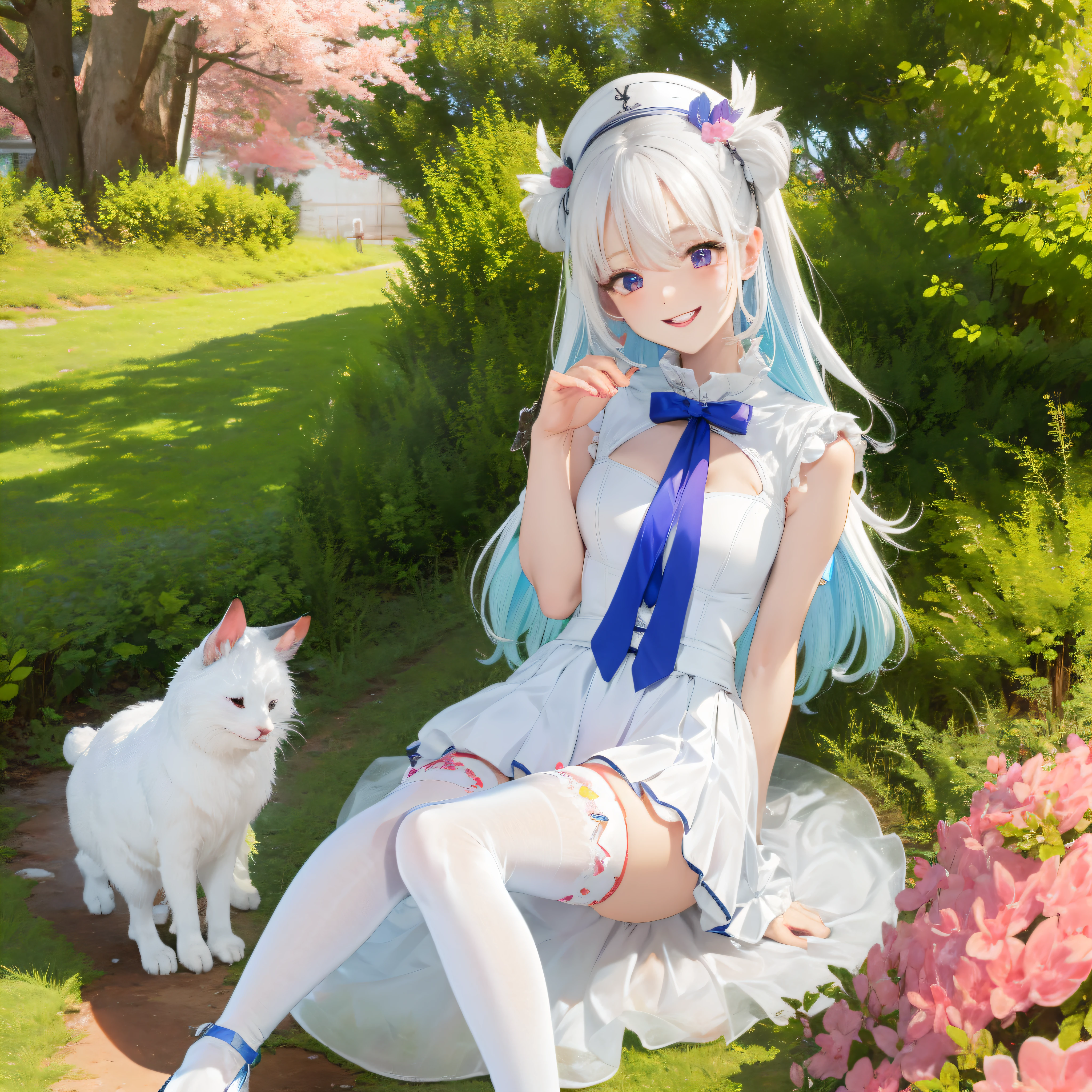 Milky white skin, Nice face and legs, pale milky white porcelain skin, pastel colored, anime vibes, The legs are slender, very pale, kawaii aesthetic, pale blue skin, pale snow-white skin, Wearing white stockings，Private areas loom,White heels，Short pink skirt，The skirt lifted，Purple eye，Eyebrows like emerald feathers，Beautiful face，grin，tmasterpiece