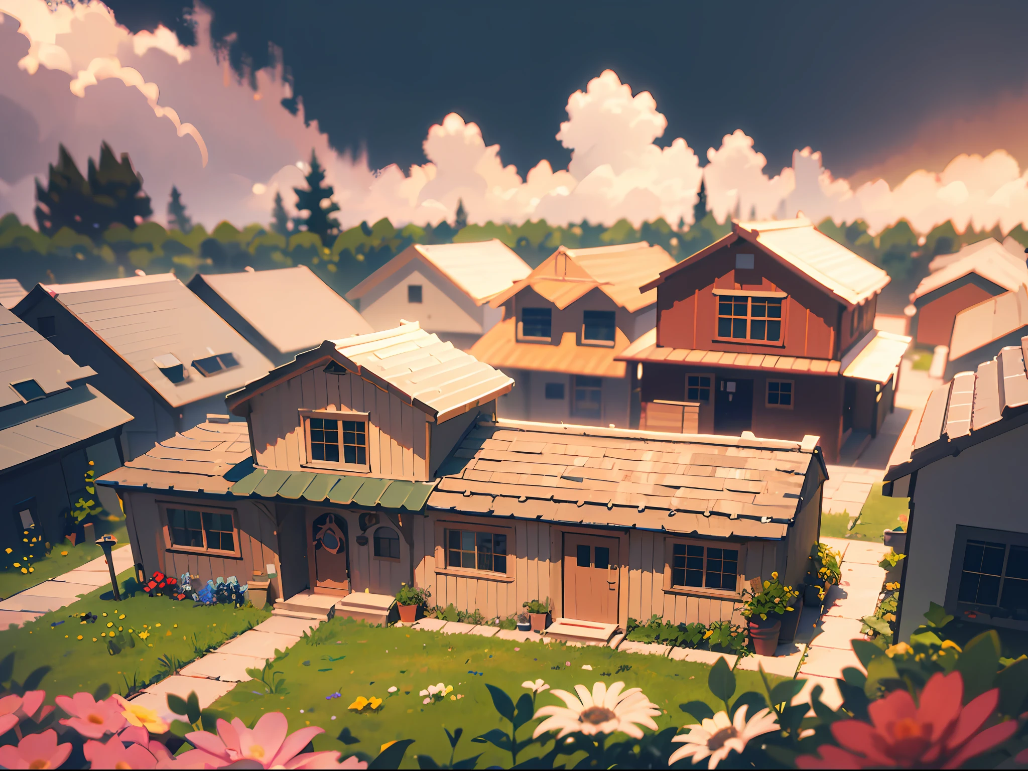 cute world of wool felt, wool knitted fabric, cartoon, some small houses, farms, barracks, warehouses, flower houses, super cute, superb lighting, volumetrics, by Jon Klassen, Ghibli Studio style, Tilt - shift, 80mm lens, Large aperture, 3d, blender, masterpiece, super detail, best quality, --v6