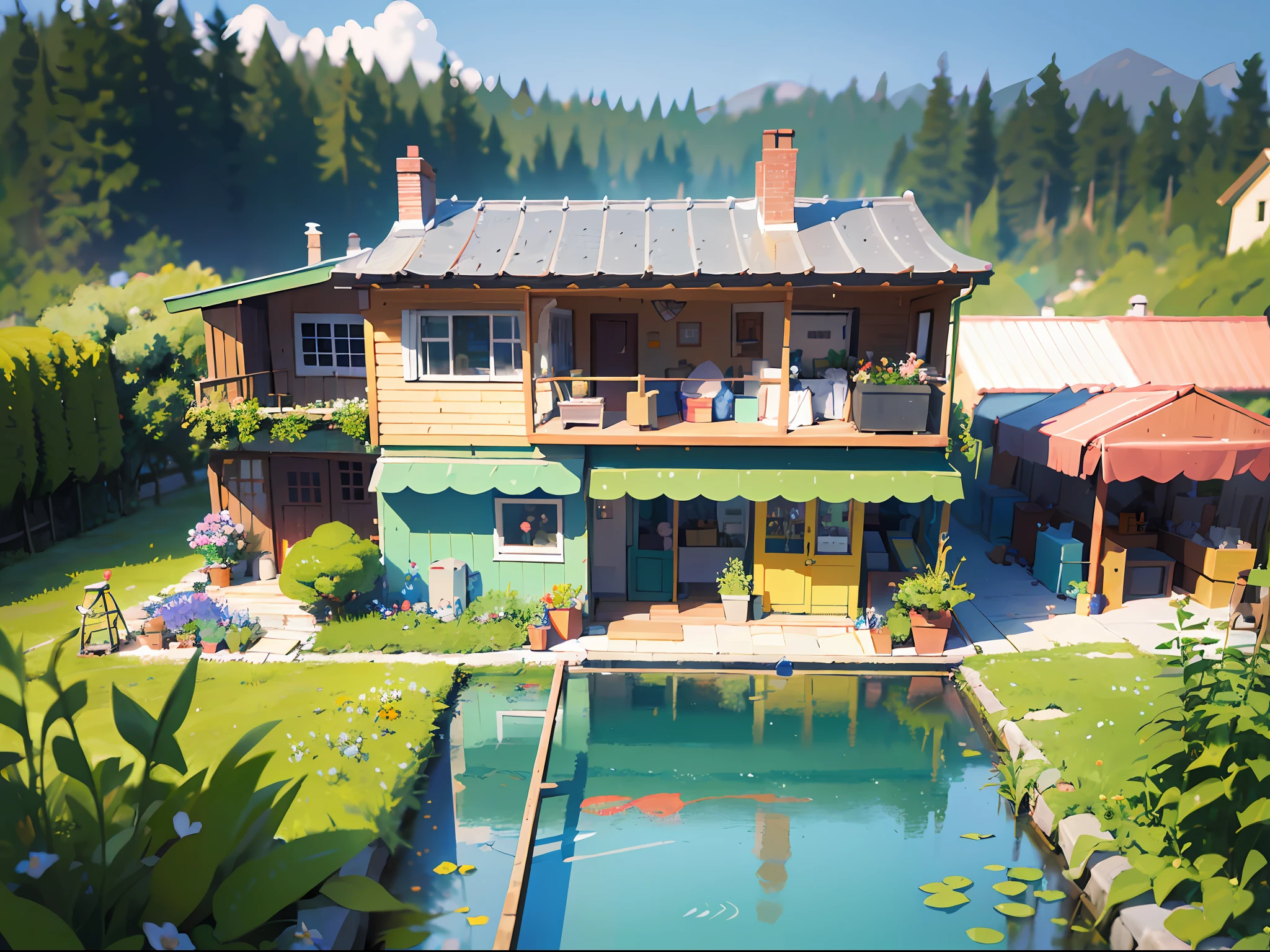 cute world of wool felt, wool knitted fabric, cartoon, some small houses, farms, barracks, warehouses, flower houses, super cute, superb lighting, volumetrics, by Jon Klassen, Ghibli Studio style, Tilt - shift, 80mm lens, Large aperture, 3d, blender, masterpiece, super detail, best quality, --v6