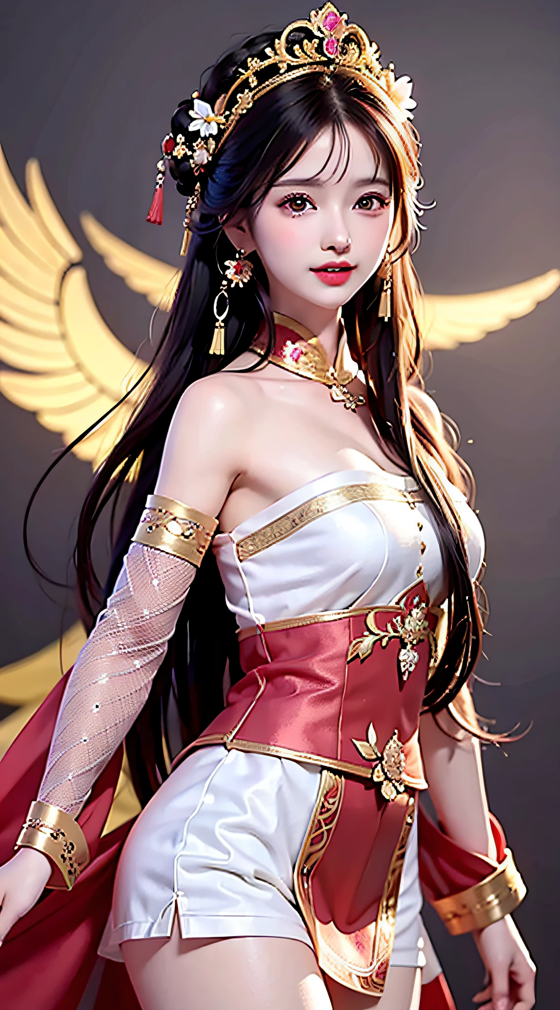 1 young empress wearing red lace top, deep-breasted nightgown, Chinese-style clothes, ancient costumes with many phoenix patterns, flawless white and pink face, crown on her head, black hair hip length, very beautiful and sharp brown eyes, small red lips, painted lips, charming smile, jewelry worn around the neck, earrings, white and even teeth, high nose, big round breasts, elongated legs, thin mesh black socks, portrait, most realistic, highest quality, best pixels, 8k ultra,
