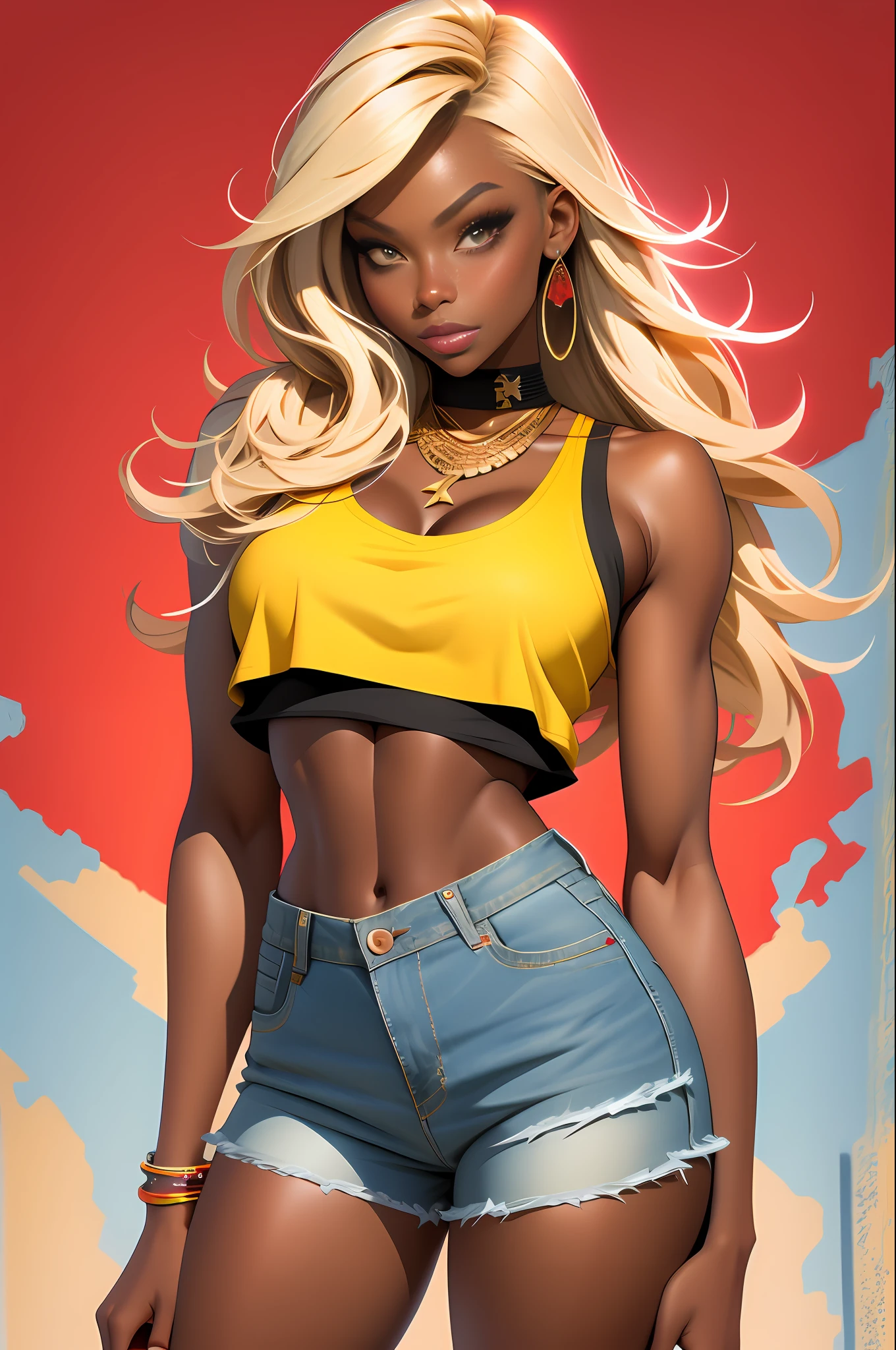 masterpiece, best_quality, 1girl, dark-skinned_female, blonde_eyes, red_eyes, large_breasts, gyaru, makeup, shorts, denim_shorts, crop_top, navel, midriff, toned, (abs:0.8),