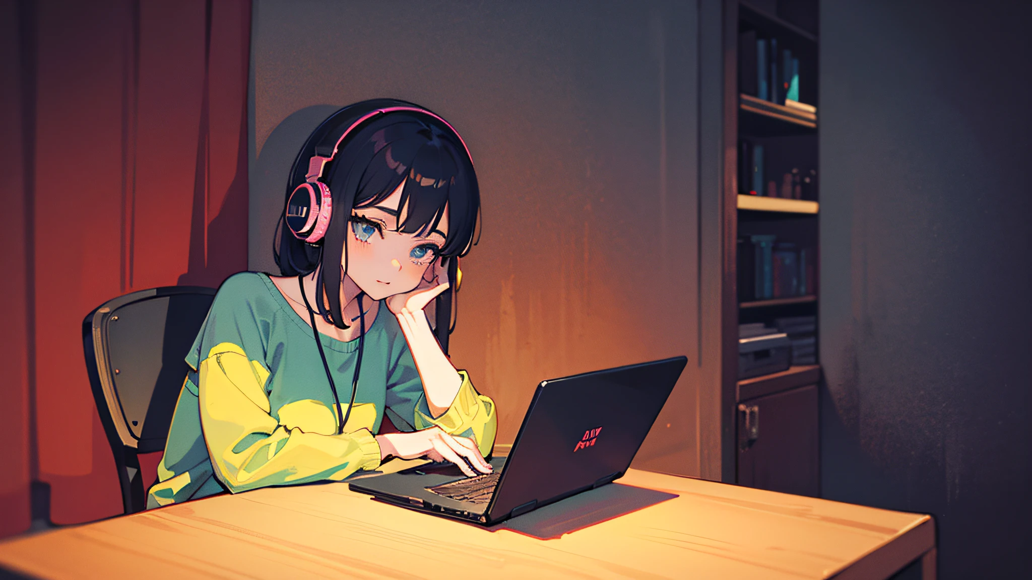 Anime girl with headphones sitting at a table with a laptop, lofi girl, lofi artstyle, lofi art, lofi vibes, lofi feel, lofi hip hop, lofi, chillhop, lofi girl aesthetic, lofi portrait, lofi vibe, lofi colors, anime vibes, lofi aesthetics