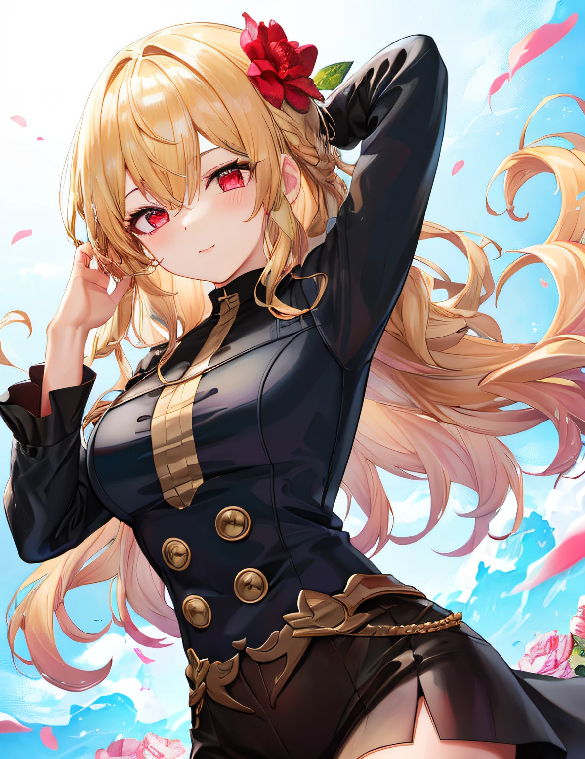 Model shooting style, (masterpiece:1.3), (absurderes:1.3), (top-quality:1.3), (8K), (Masterpiece Digital Art), (Detailed Manga Illustration), (Handle Hair), perfect anatomia, (intricate-detail:1.3), (ultra-detailliert:1.3), (illustratio:1.3), (foco nítido:1.3), (vivd colour:1.3), 1girl in, 独奏, (long-one-piece dress:1), Part of loose, wavy hair covers his face、hair between eye, (Blonde hair), Red Eyes, Floating hair,SUI、tshirts、Cool、A sexy、date