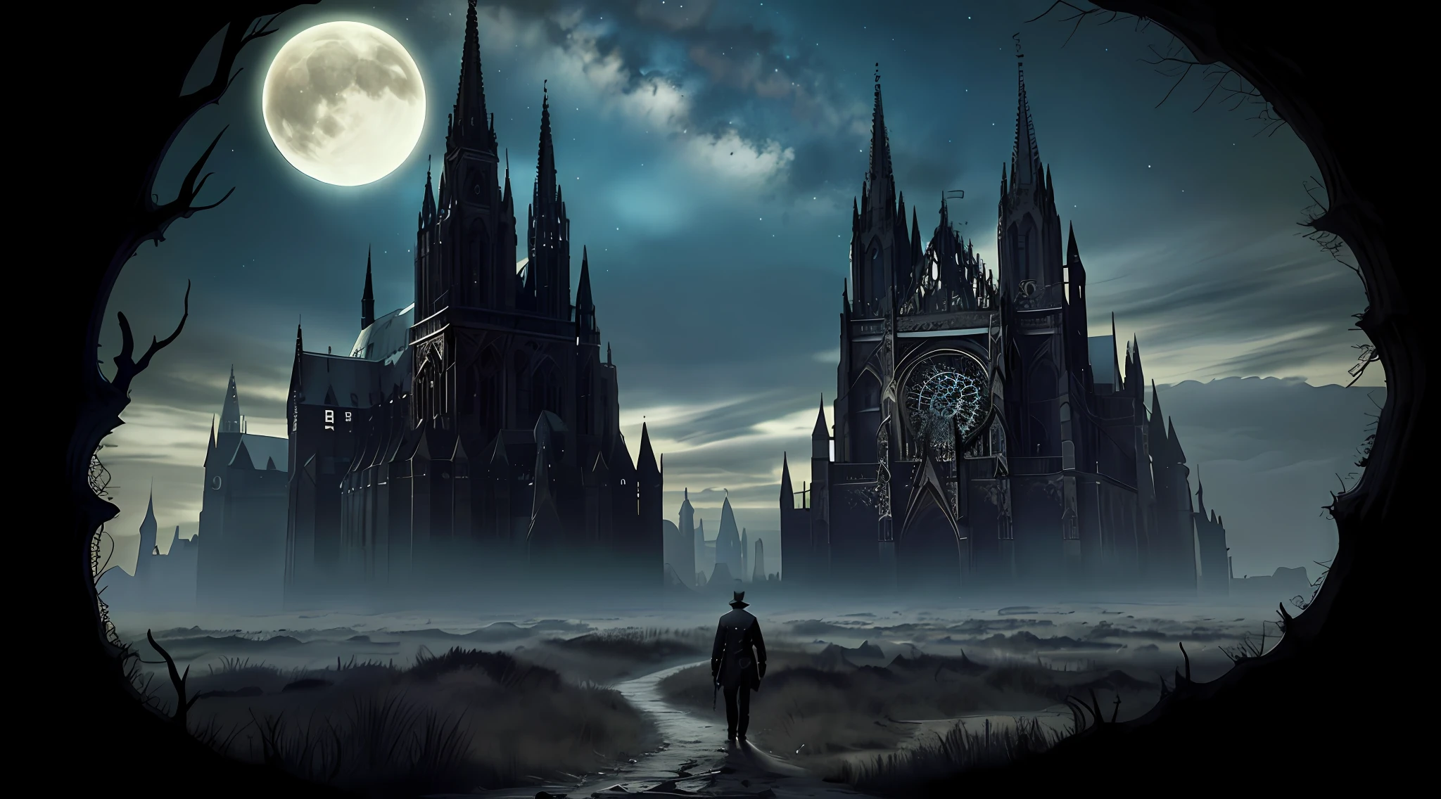 GothicHorrorAI cathedral , stylized, (architecture), landscape, (haunted, desolate, night, dark), (GothicHorrorAI fractals)