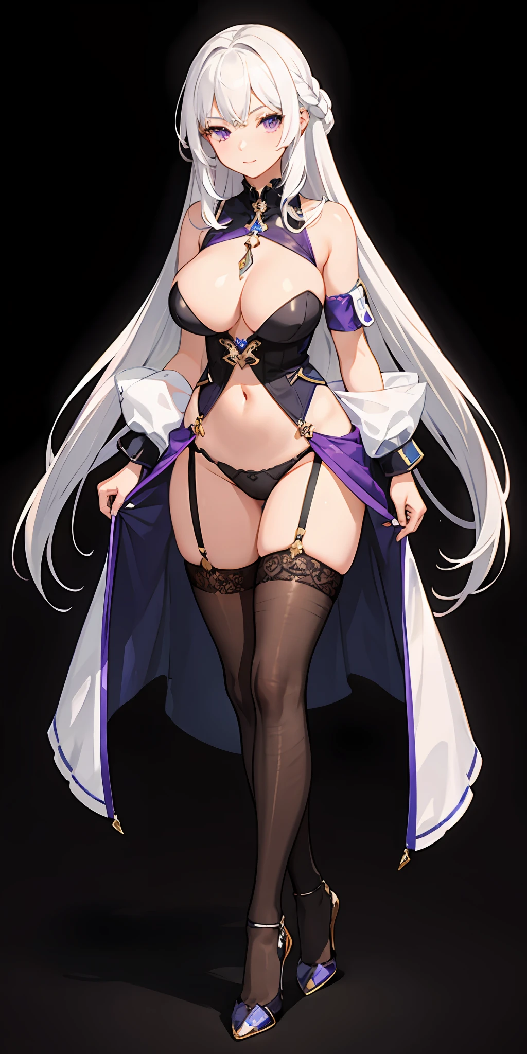 1girl,White hair,O cabelo multicolorido,Purple eye,Sideslit,Large breasts，Protruding underwear，perspired，exteriors，Black ripped stockings，high-heels，leaked pee