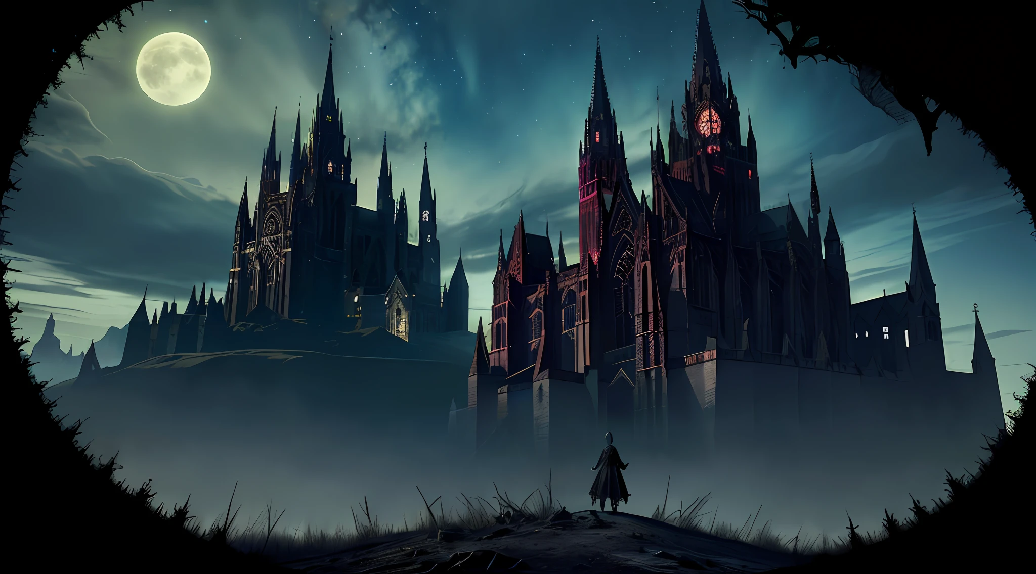 GothicHorrorAI cathedral , stylized, (architecture), landscape, (haunted, desolate, night, dark), (GothicHorrorAI fractals)