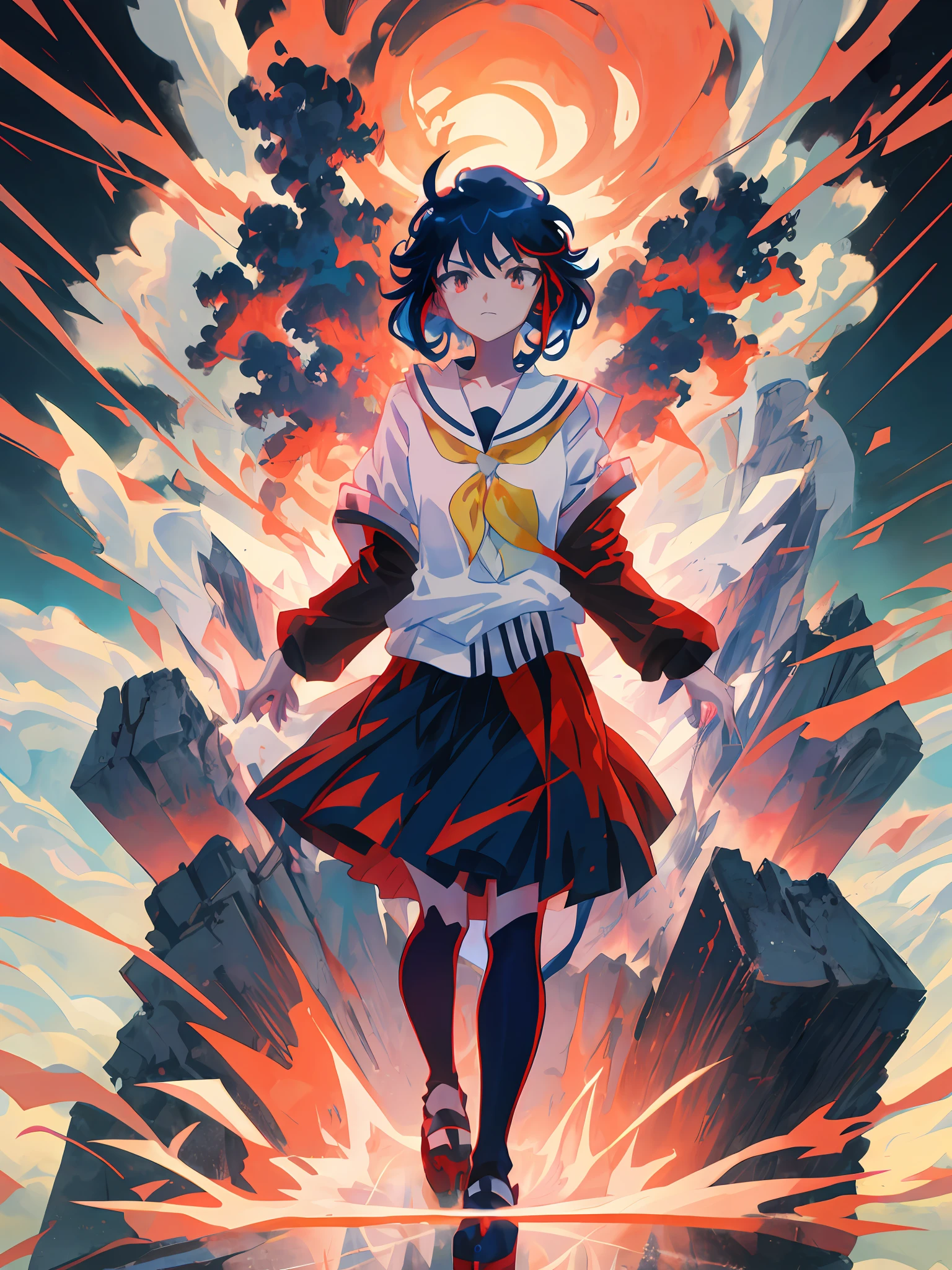 Anime girl with blue hair and red dress standing in front of the mountain, ryuko matoi, style of anime4 K, attractive matoi ryuko, Anime art wallpaper 8 K, Anime art wallpaper 4 K, Anime art wallpaper 4k, Badass anime 8 K, Official artwork, Kill Pull Kill illustration, Anime wallpaper 4 k, Anime wallpaper 4K