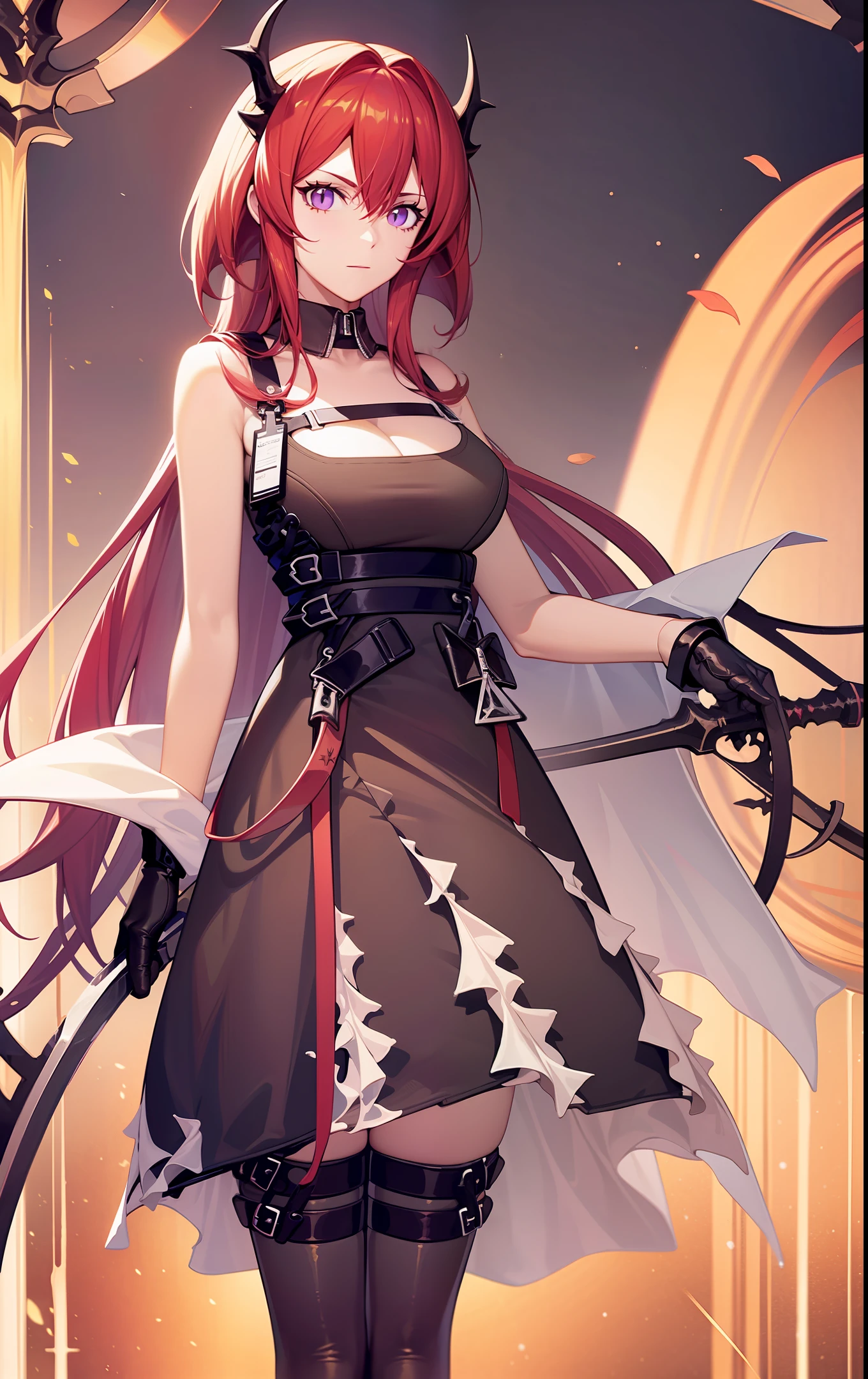 Anime Red hair Long hair No headgear Black hair with red eyes Hair between eyes White cape Black clothes Black gloves Determined eyes Holding a large sword
