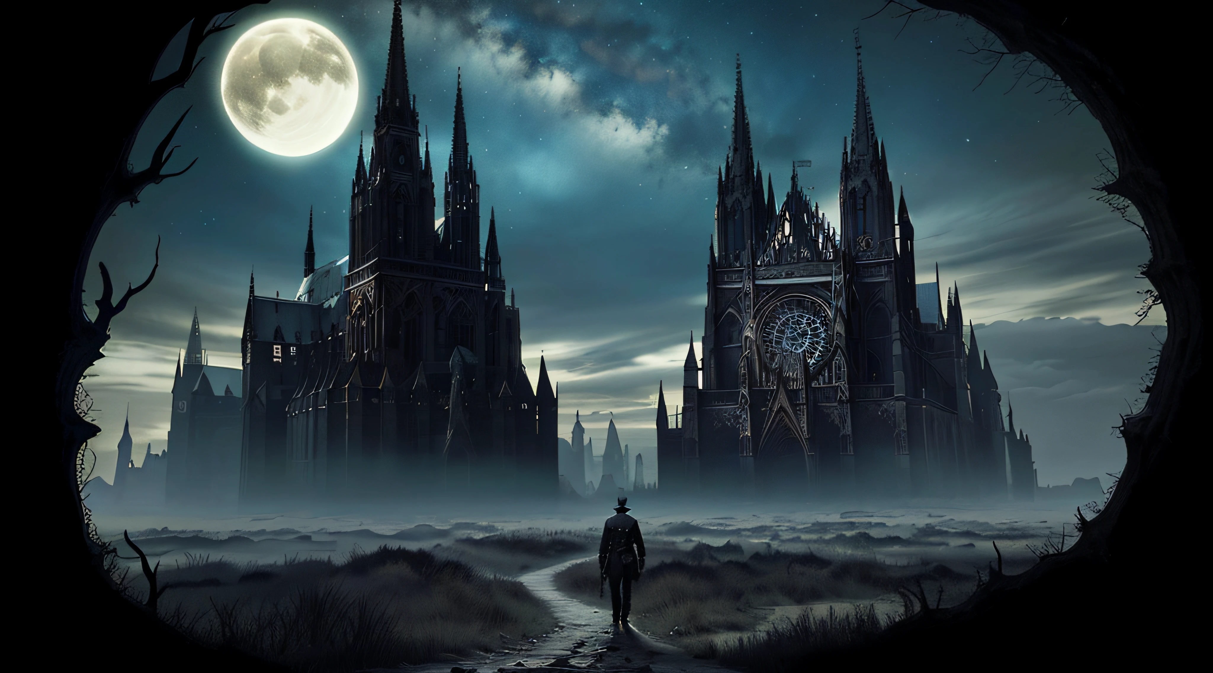 GothicHorrorAI cathedral , stylized, (architecture), landscape, (haunted, desolate, night, dark), (GothicHorrorAI fractals)