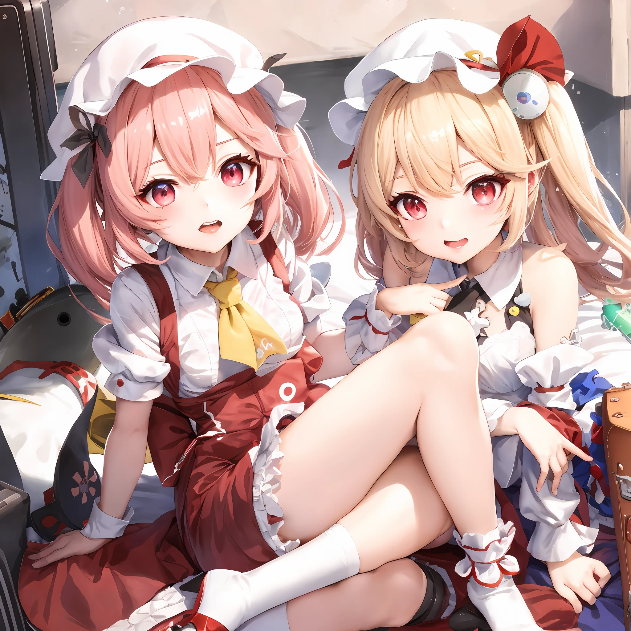 Anime characters sitting on beds,There are suitcases and suitcases, WLOP and Sakimichan, Guweiz in Pixiv ArtStation, anime maids riding early tanks, Splash art anime , Guviz, Kawasi, Guweiz on ArtStation Pixiv, lollipop, A scene from the《azur lane》videogame, double tails