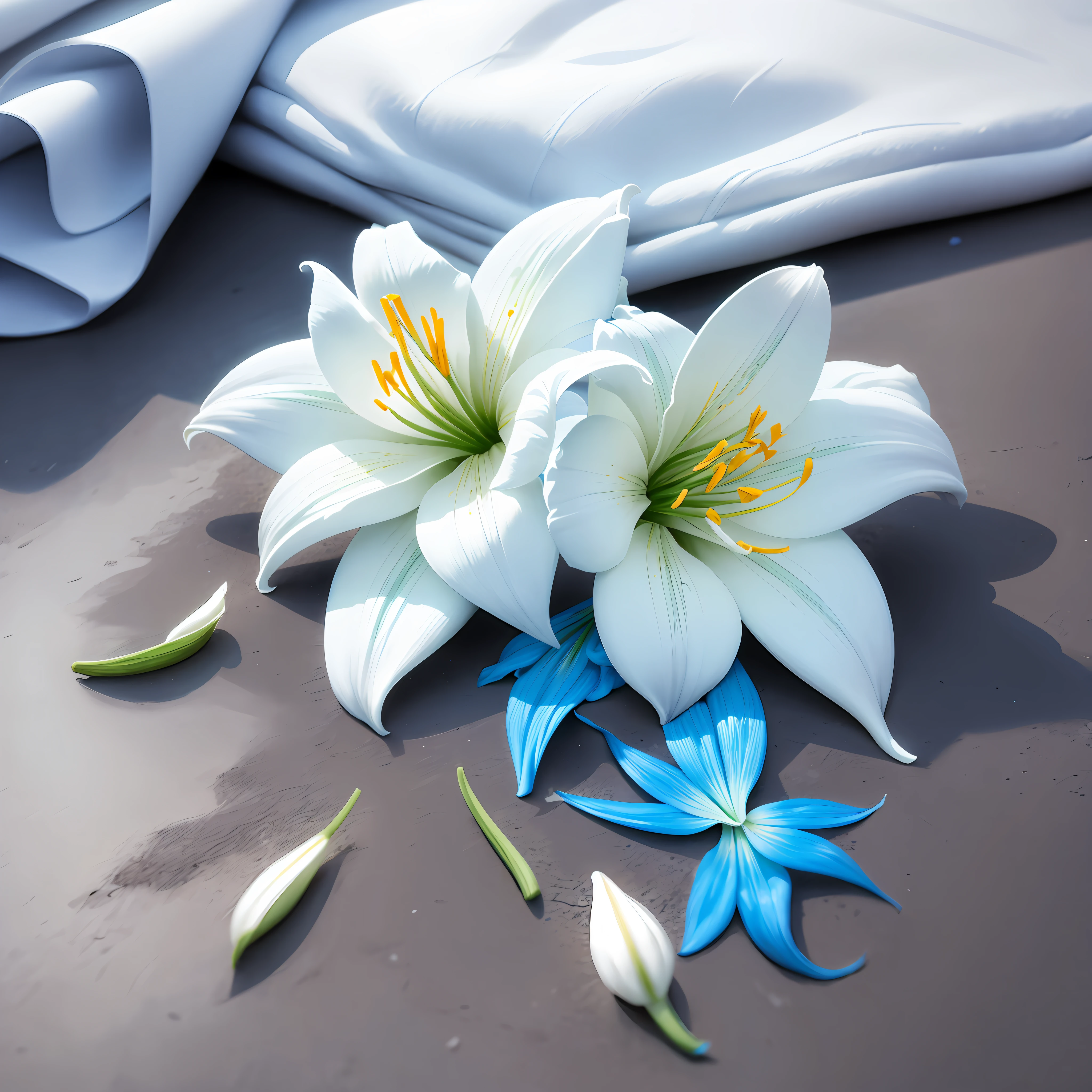 the lilies,White petals,Blue edge,Yellow stamen,Need,tmasterpiece --auto