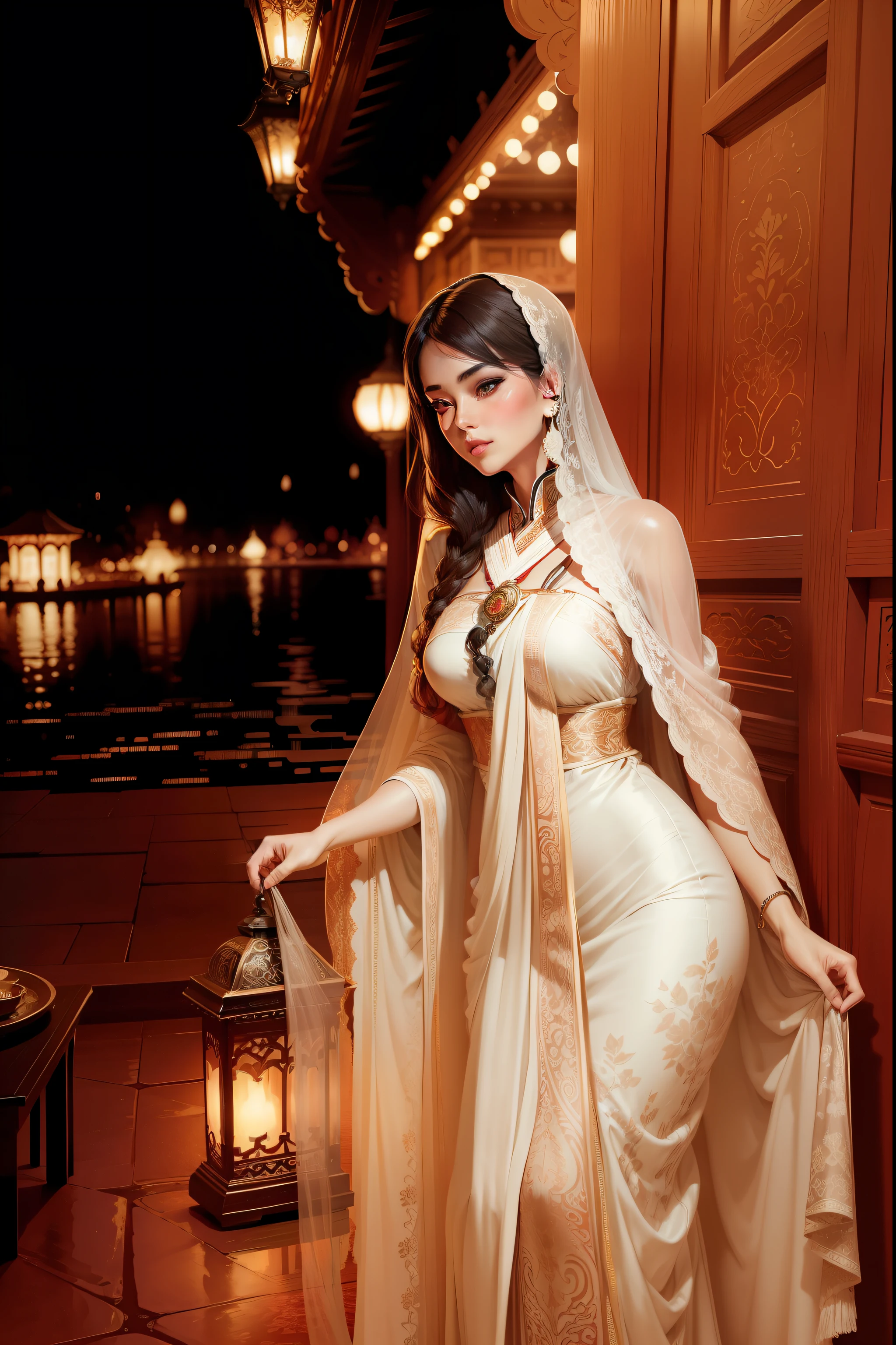 The art depicts a charming woman dressed in a flowing, silky traditional oriental dress, red, decorated with intricate patterns and bright colors. Her dress drapes elegantly over her curvy figure, accentuating her seductive silhouette. She stood gracefully in the quiet moonlit night, bathed in the soft glow of the moonlight. The scene exudes an ethereal and dreamy atmosphere, with a touch of mystery and sexiness. The graphic style blends watercolor and digital illustration techniques to evoke a refined beauty and charm. The lights are filled with soft moonlight, casting soft highlights and shadows on her charming features. --auto