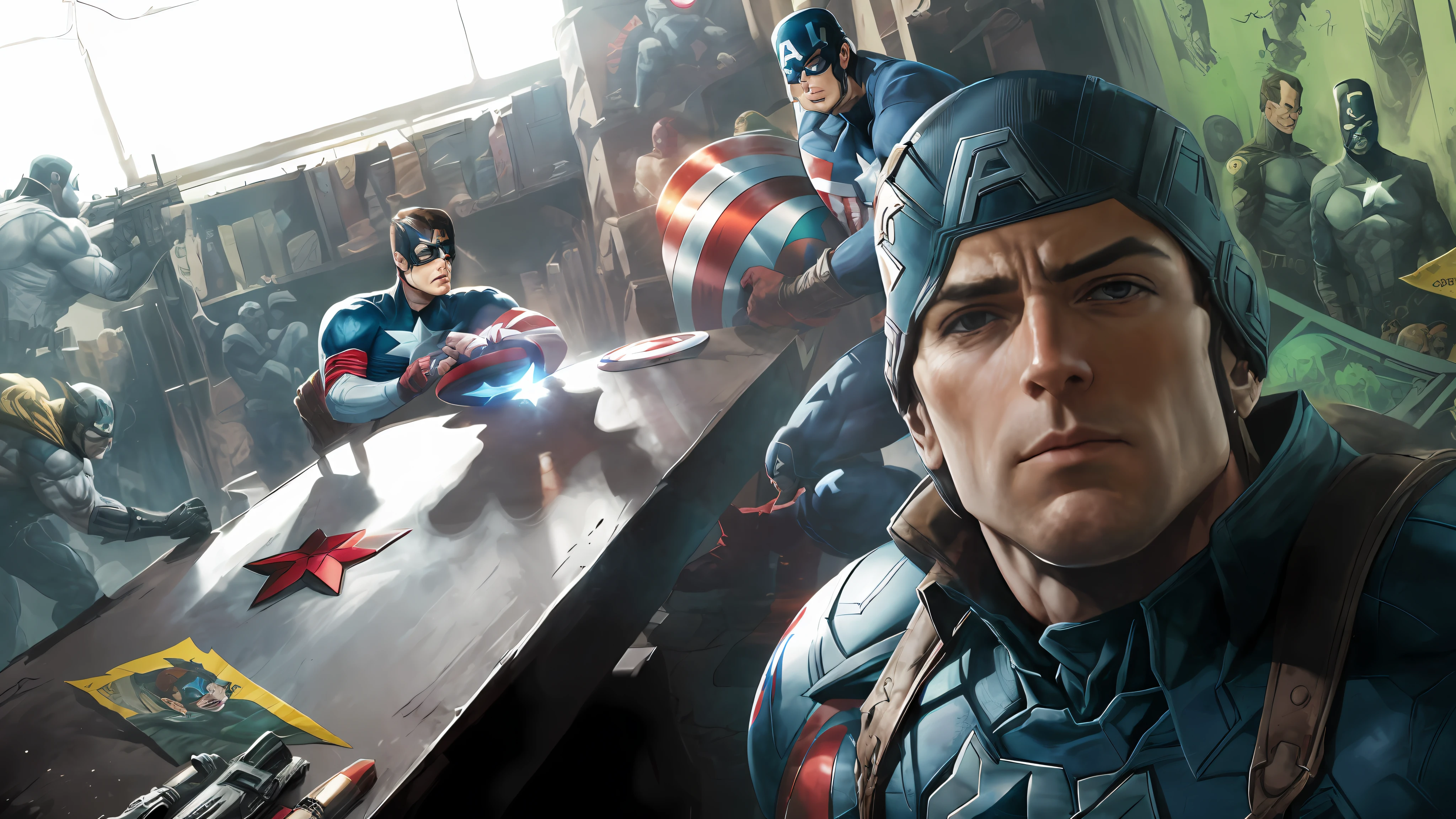 (mejor calidad), Caricatura 2D, estilo comic, sombras perfectas, traje rojo, (Captain America: 1.5 + DC Comics: 1.3), poderoso, cabeza grande.