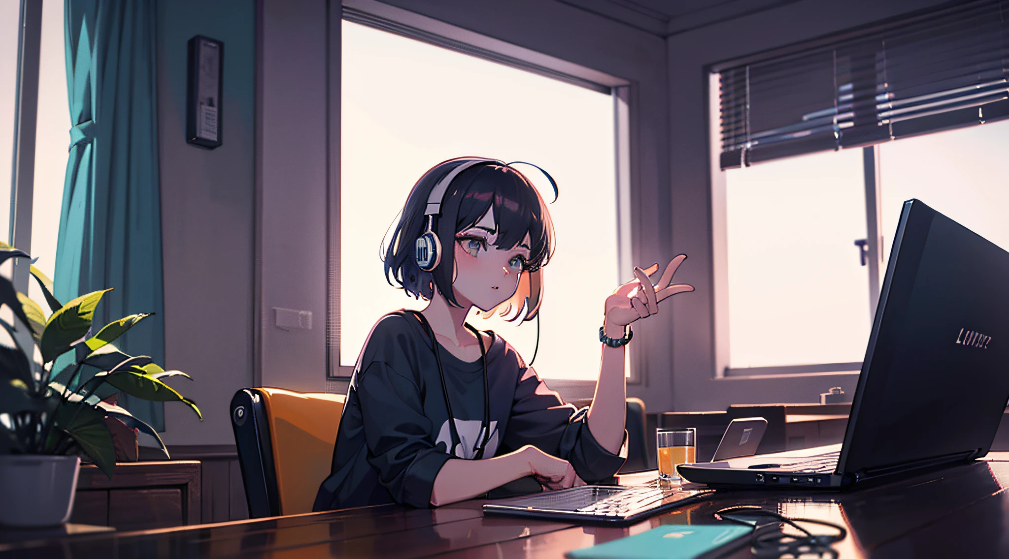 menina realista com fones de ouvido sentados em uma mesa com um laptop, lofi girl, lofi artstyle, lofi art, lofi vibes, lofi feel, lofi hip hop, lofi, chillhop, lofi girl aesthetic, lofi portrait, lofi vibe, lofi cores, anime vibes, Lofi Aesthetics