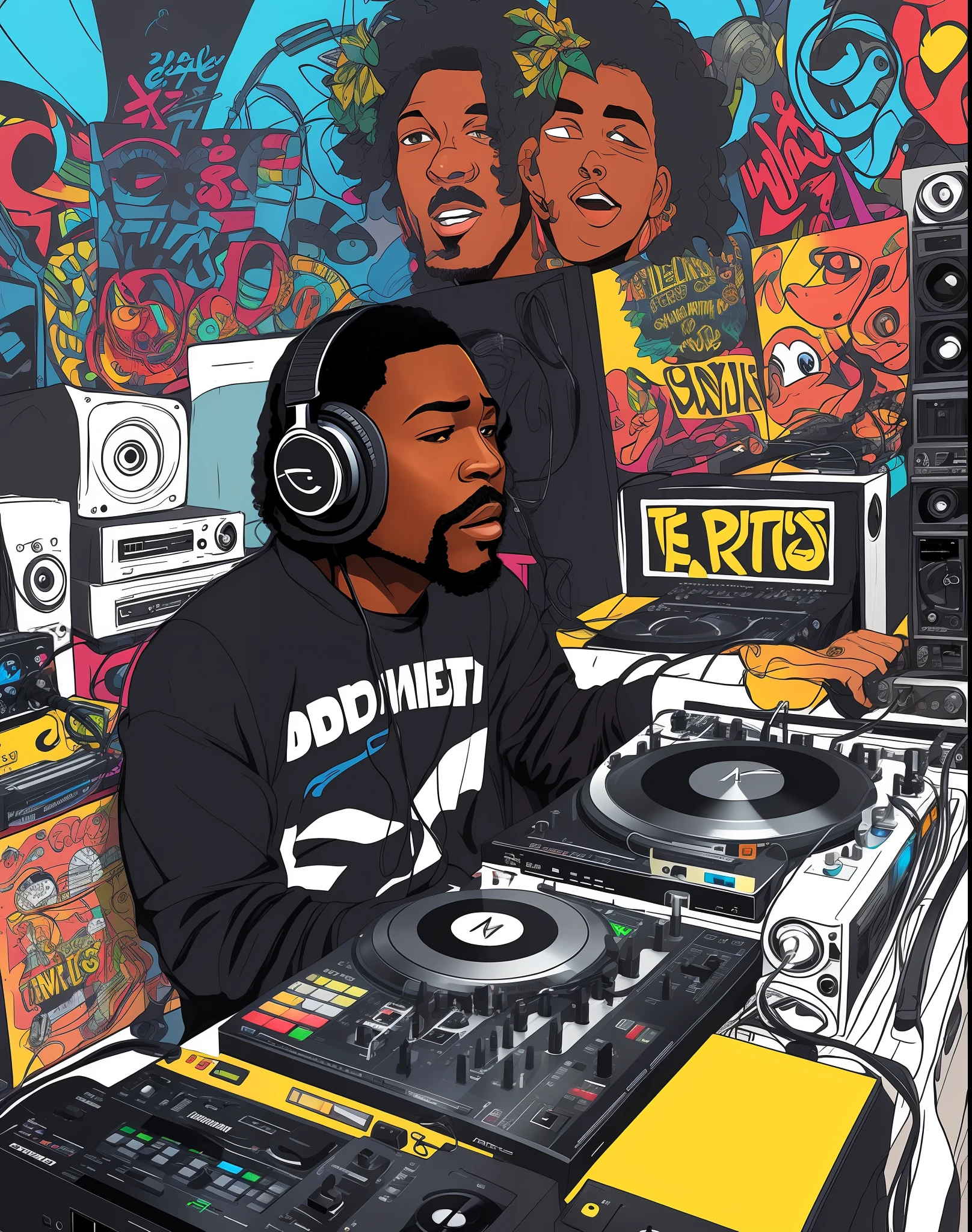 black man,DJ,headfone,technics,cartoon