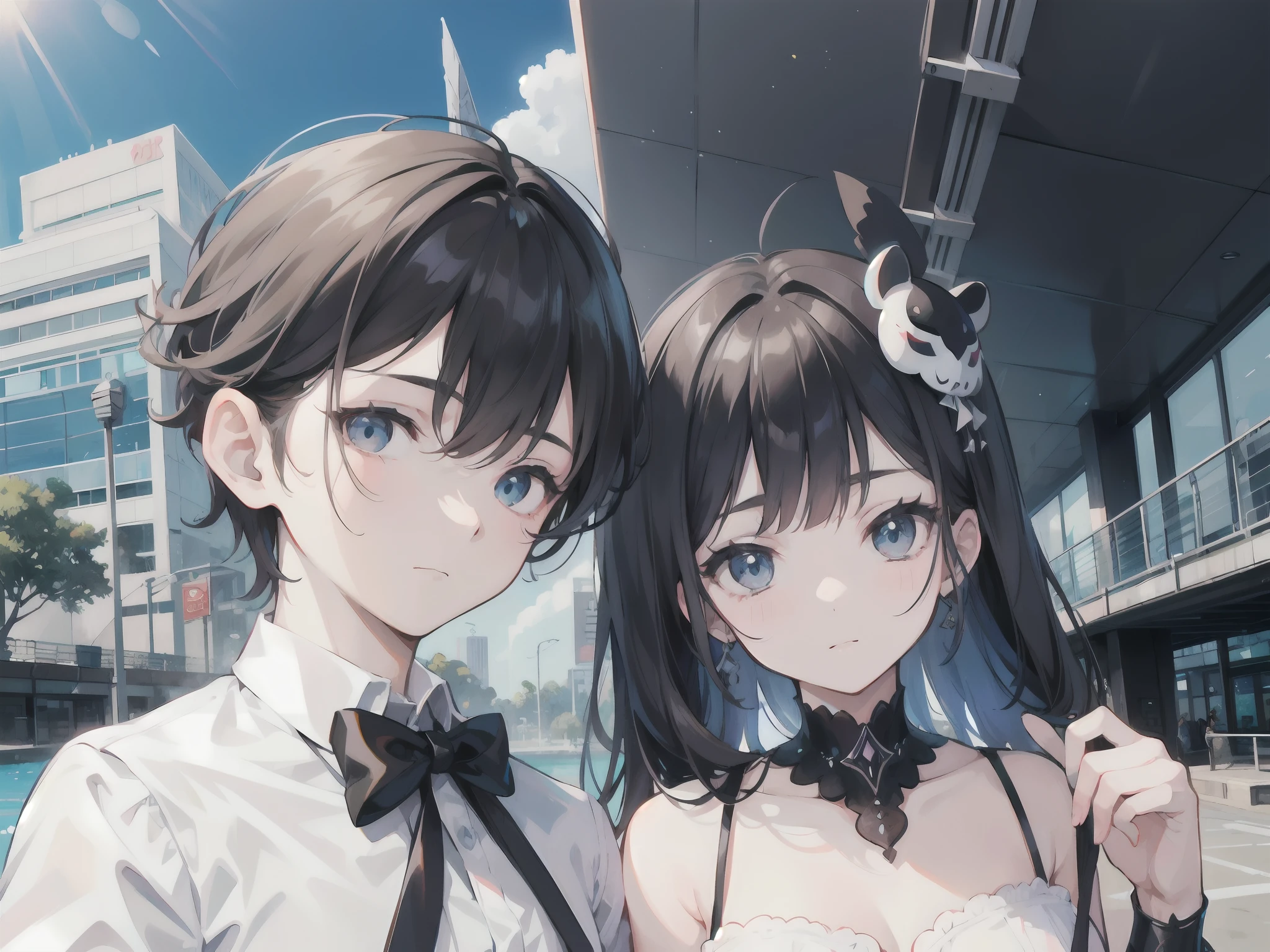 A girl with a black bow on her head and a boy with a white mask,The aquarium is in the background,Selfies,Anime style