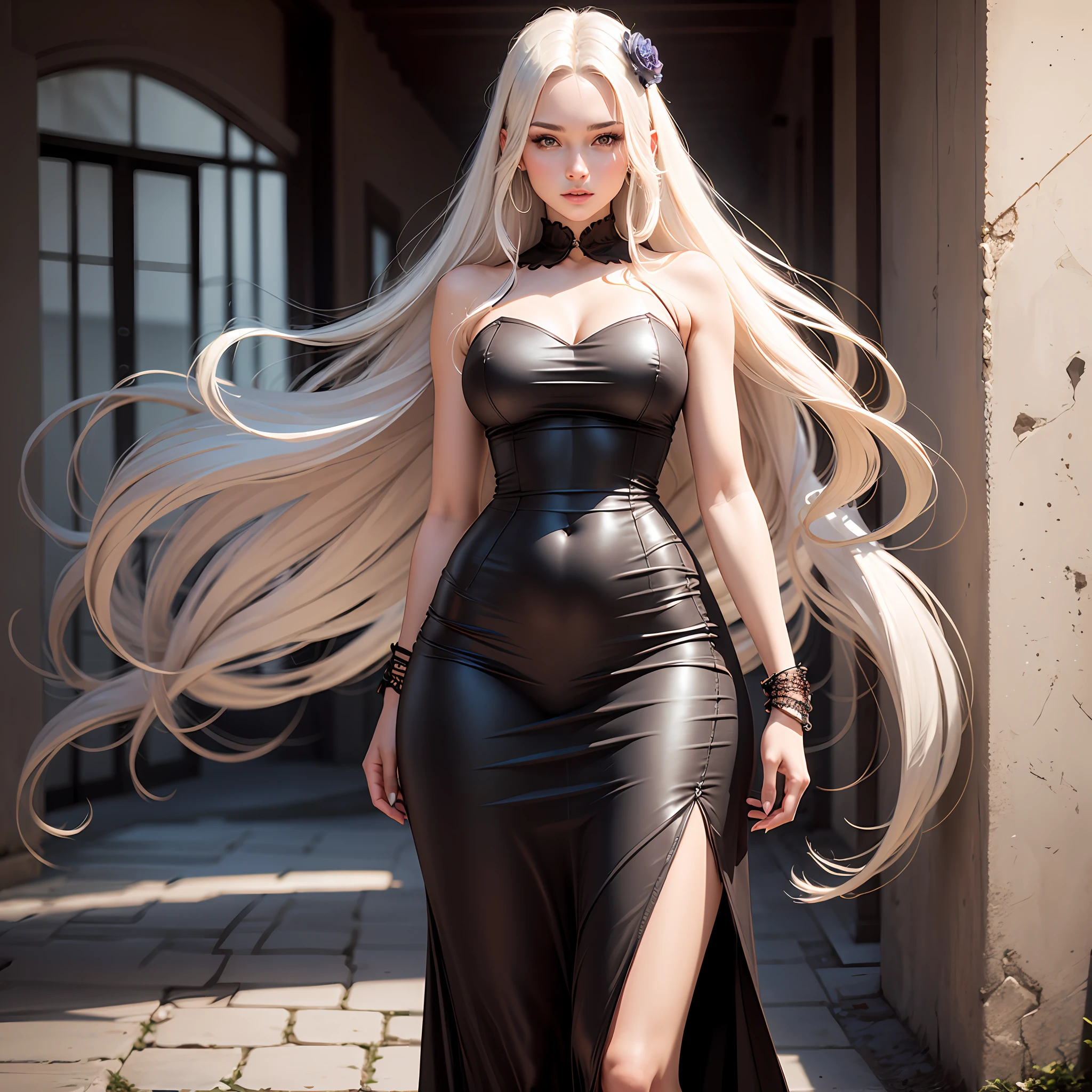 young beautiful woman,long whitr hair,prette,with a good figure,gentleness