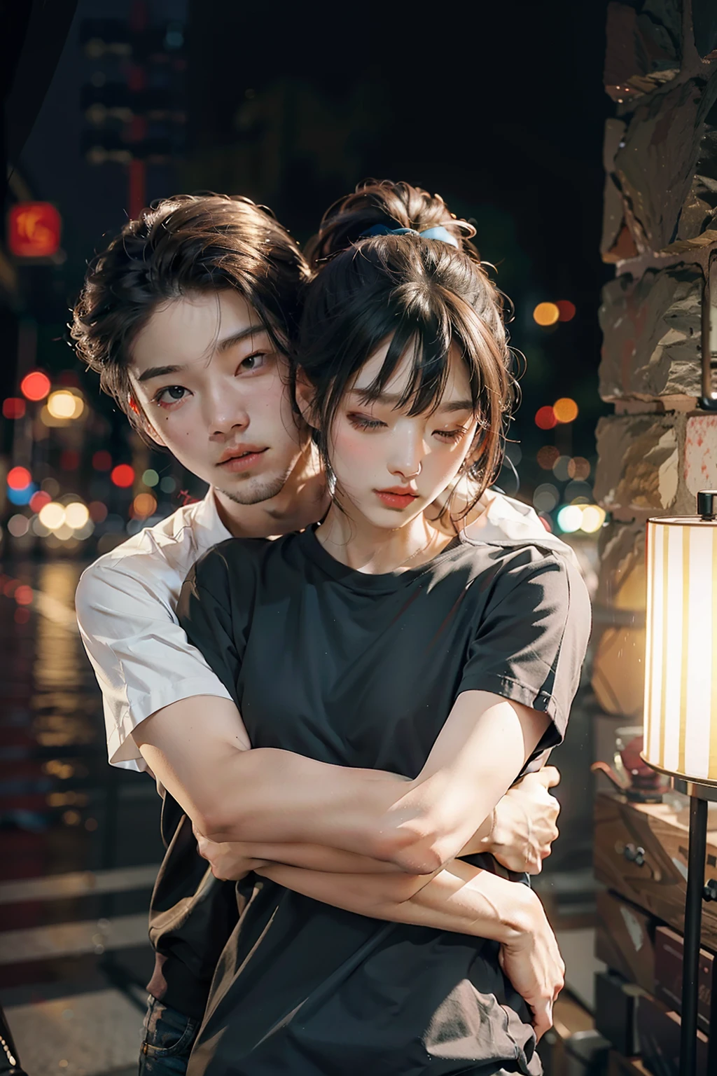 The man hugs the woman from behind,best qualtiy,tmasterpiece,超高分辨率,(真实感:1.4),RAW photogr,a young man and a woman,rained,holding a umbrella,the night,Refined face,Men have particularly short hair,Female ponytail,All wearing short sleeves