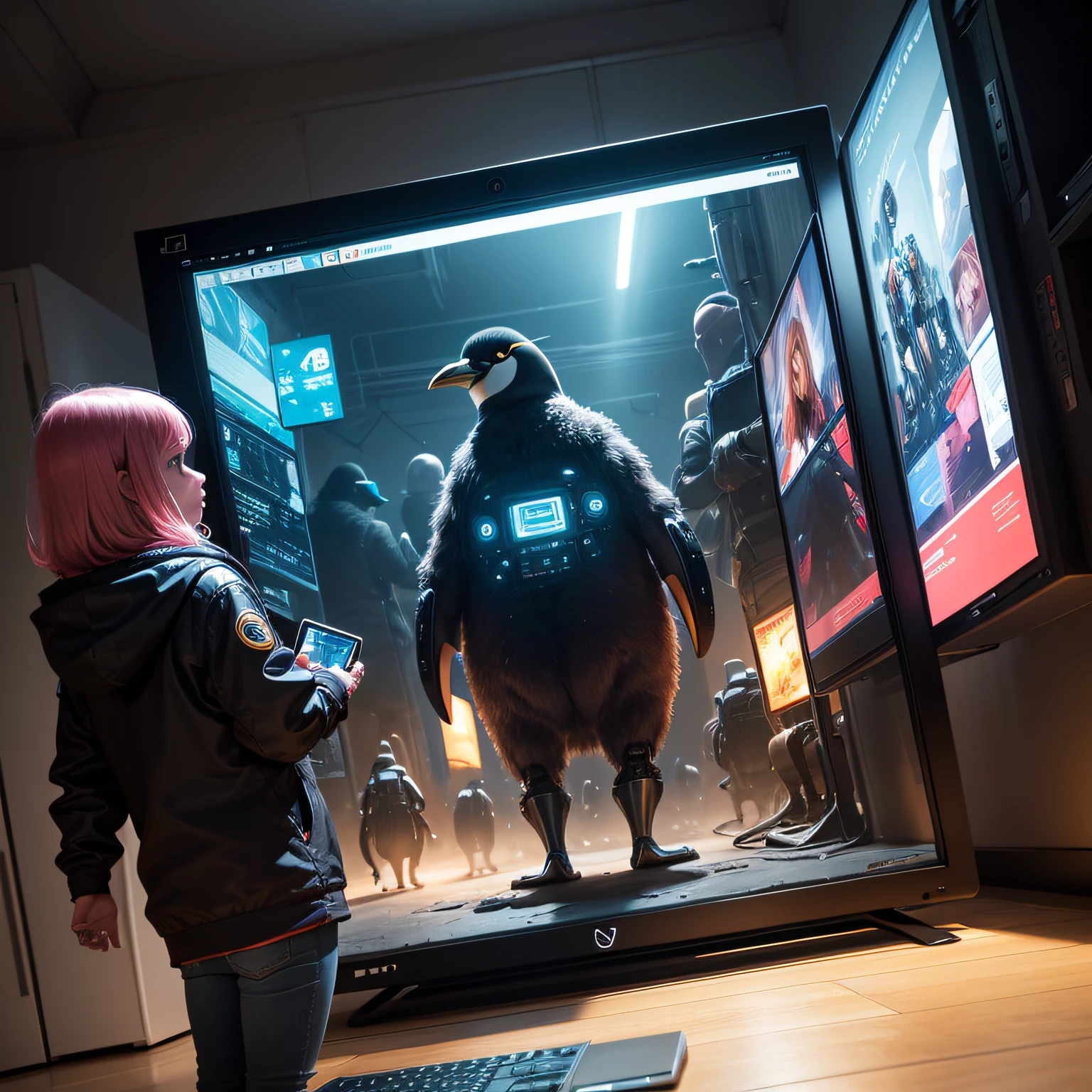 (image high resolution) A cena retrata um grupo de pinguins vestindo roupas futuristas enquanto trabalham em seus computadores utilizando o sistema operacional Linux. The anime background adds a touch of modernity to the image, with a large television displaying a computer and three humanoid robots wearing headphones and looking away. The image is a masterpiece in quality and illustration, with an incredible wealth of detail. The scene is ultra-detailed, com um estilo cyberpunk e tela de arte, pincel, cavalete, Iridescent and holográfico. Each robot has a unique style, Adding variety to the scene. The penguins in their futuristic costumes add a touch of fun to the image. --auto