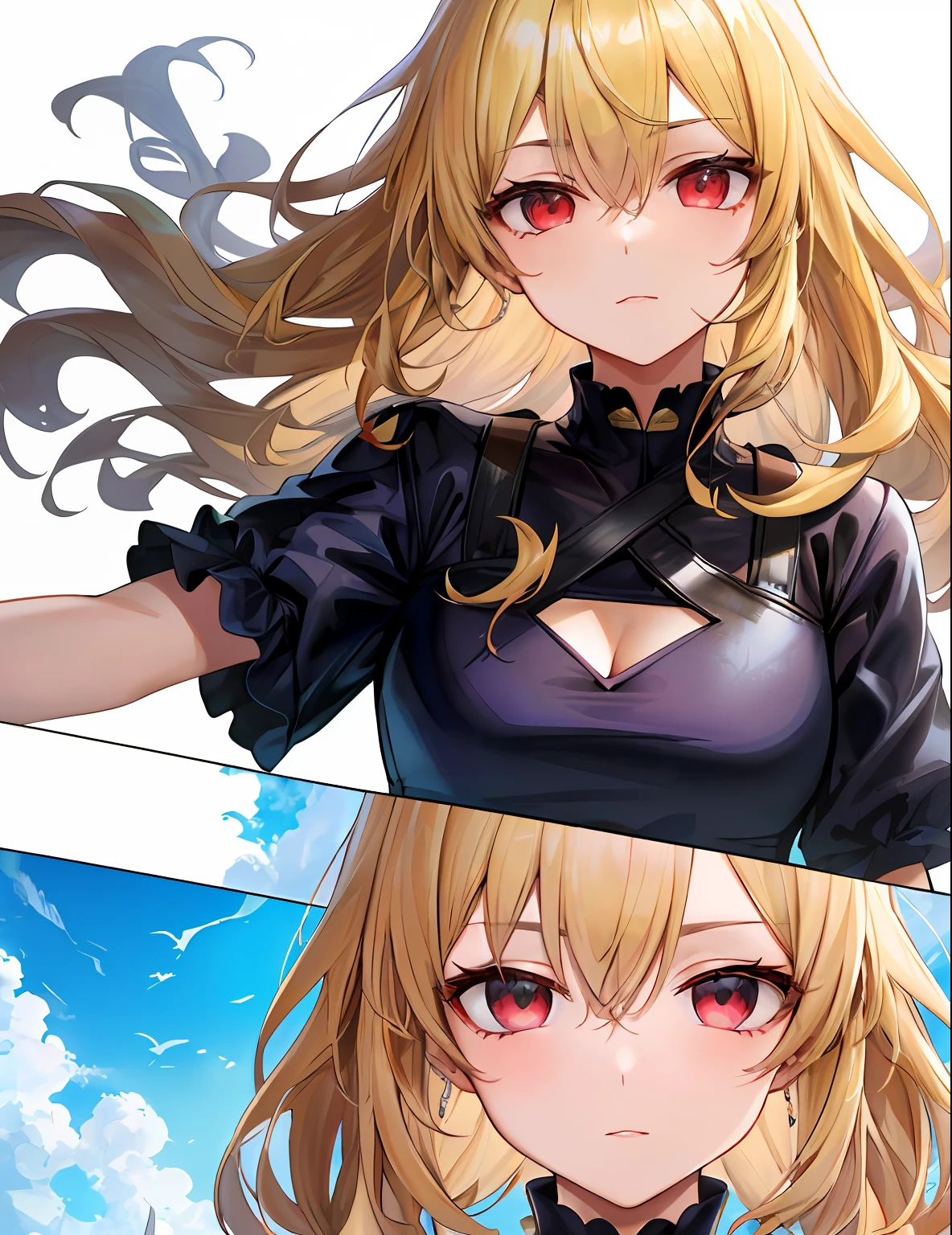 Model shooting style, (masterpiece:1.3), (absurderes:1.3), (top-quality:1.3), (8K), (Masterpiece Digital Art), (Detailed Manga Illustration), (Handle Hair), perfect anatomia, (intricate-detail:1.3), (ultra-detailliert:1.3), (illustratio:1.3), (foco nítido:1.3), (vivd colour:1.3), 1girl in, 独奏, (long-one-piece dress:1), Part of loose, wavy hair covers his face、hair between eye, (Blonde hair), Red Eyes, Floating hair,SUI、tshirts、Cool、A sexy、date