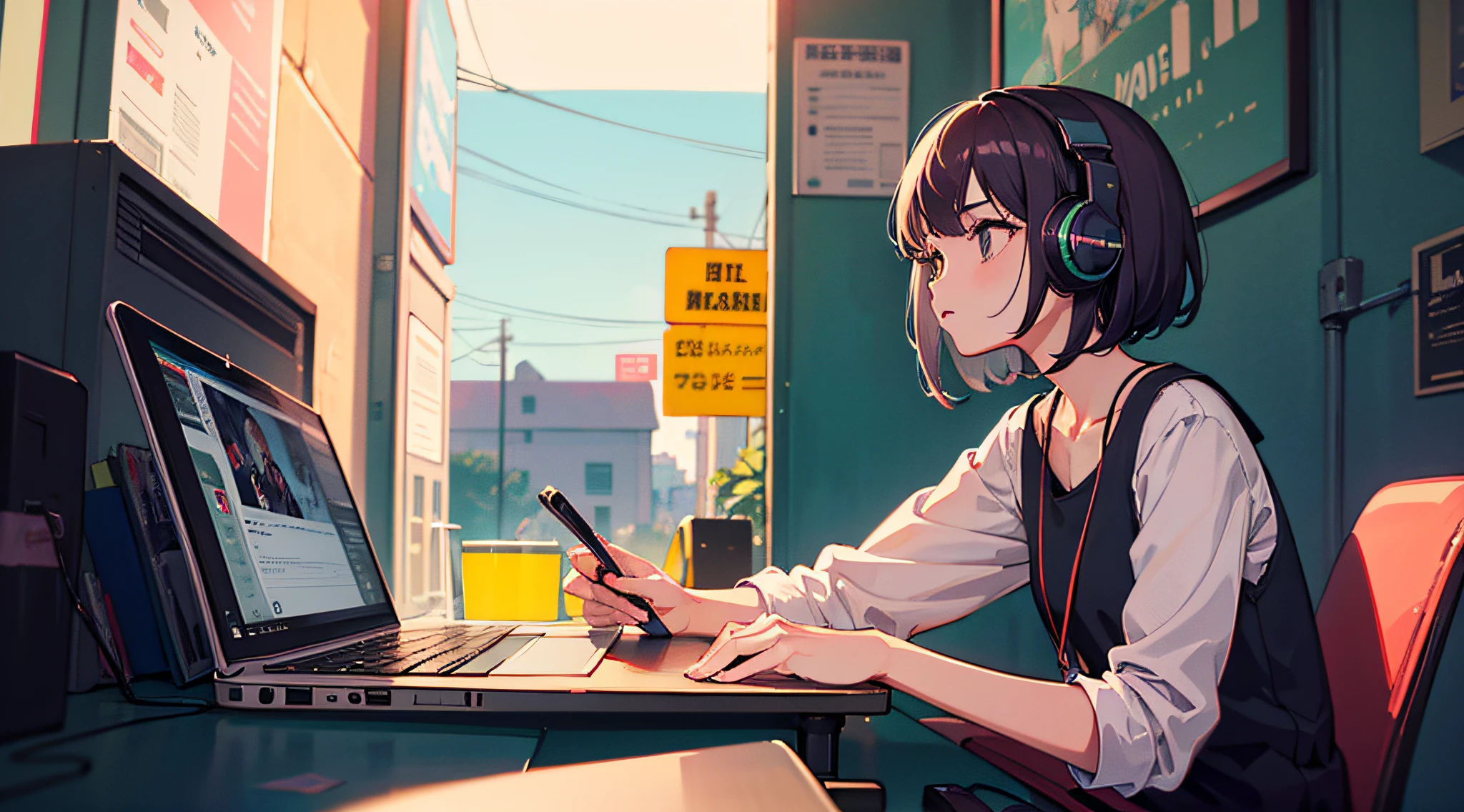 menina realista com fones de ouvido sentados em uma mesa com um laptop, lofi girl, lofi artstyle, lofi art, lofi vibes, lofi feel, lofi hip hop, lofi, chillhop, lofi girl aesthetic, lofi portrait, lofi vibe, lofi cores, anime vibes, Lofi Aesthetics