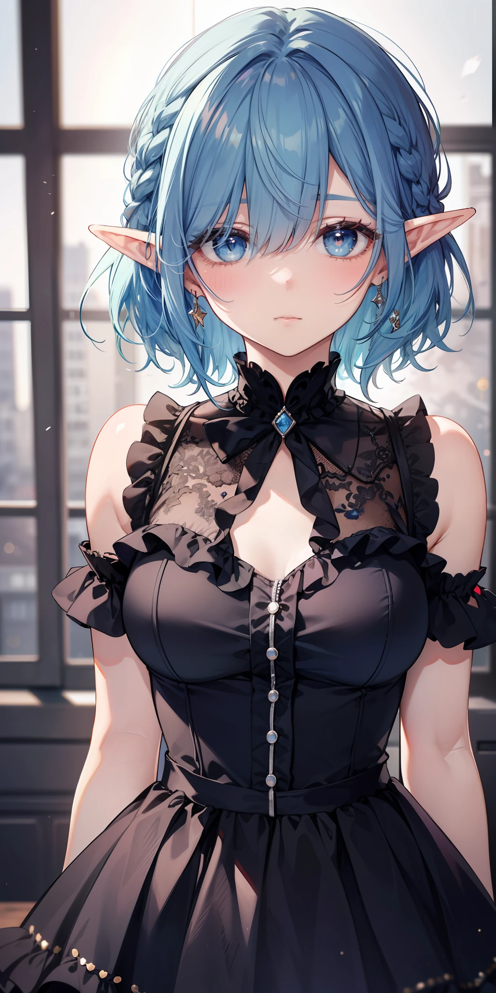 (limited palette), best quality, (((masterpiece))), (((beautiful detailed hair))), (((beautiful detailed skin))), solo, girl, (((blue hair))), blue eyes, (mascara), blunt bangs, ((hair over eyes)), short hair, medium breasts, frilled black dress, black frills, too many frills, noble, loyal, brides hair head, (((eye focus))), blurry background, empty eyes, blank eyes, bedroom background, looking at viewer, (((hair tucking))), (((night))), half-closed eyes, close-up, upright body, Neatly cut bangs, braided hair behind head, sleeveless dress, Elf, collared dress, head straight, Portrait standing straight, standing with good posture and a direct look at the viewers, black dress, the position of the body is strictly in the center. ((Close up face)).