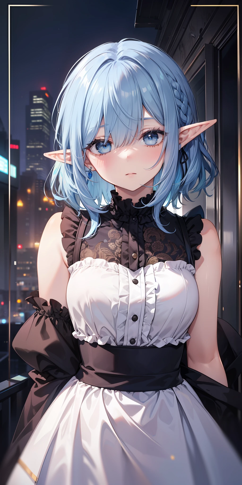(limited palette), best quality, (((masterpiece))), (((beautiful detailed hair))), (((beautiful detailed skin))), solo, girl, (((blue hair))), blue eyes, (mascara), blunt bangs, ((hair over eyes)), short hair, medium breasts, frilled black dress, black frills, too many frills, noble, loyal, brides hair head, (((eye focus))), blurry background, empty eyes, blank eyes, bedroom background, looking at viewer, (((hair tucking))), (((night))), half-closed eyes, close-up, upright body, Neatly cut bangs, braided hair behind head, sleeveless dress, Elf, collared dress, head straight, Portrait standing straight, standing with good posture and a direct look at the viewers, black dress, the position of the body is strictly in the center. ((Close up face)).