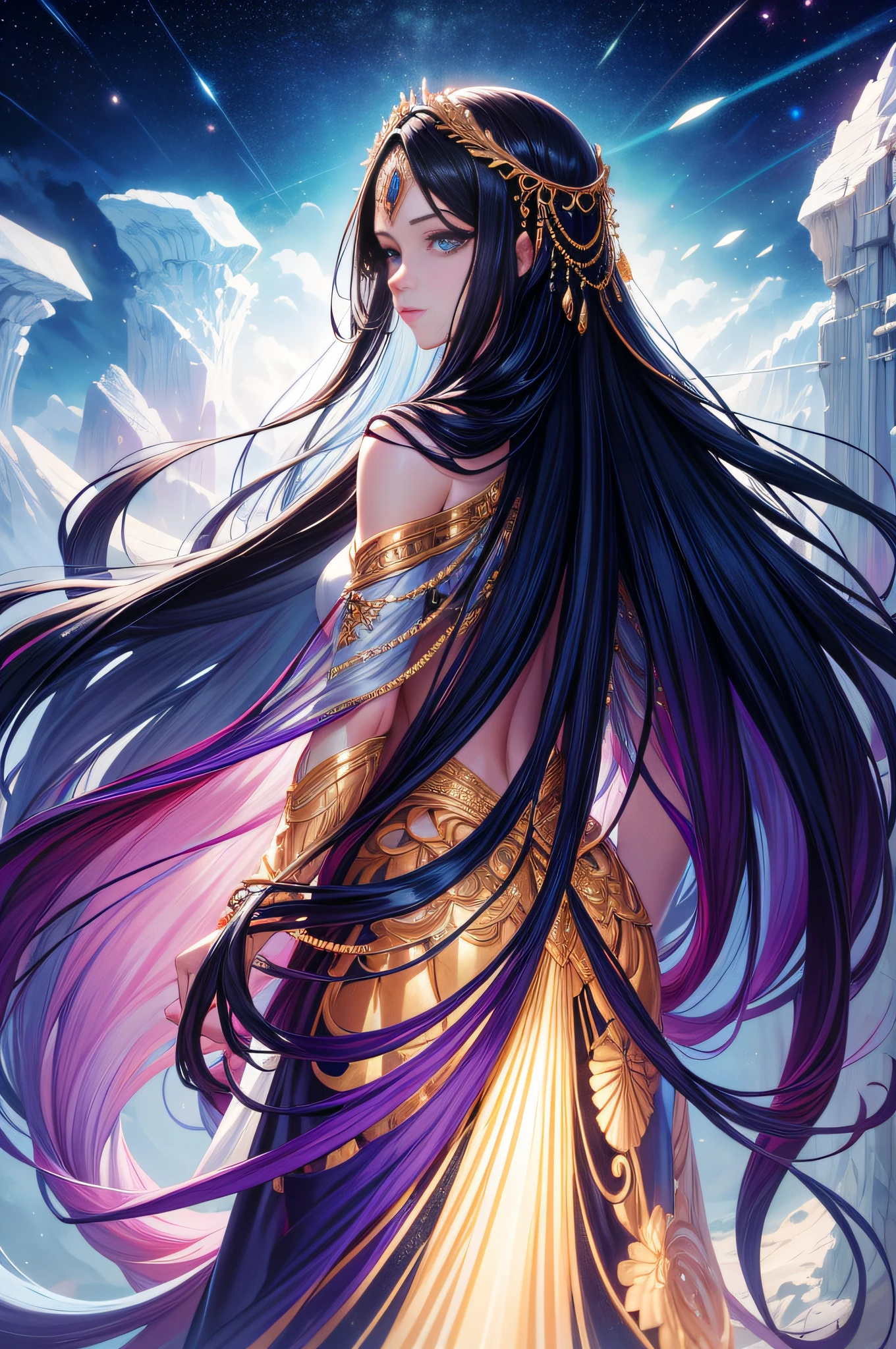 1 very beautiful woman, looking back, goddess costume, absurdly long hair, shiny hair, expressive hair, crystal hair, gradient eyes, artistic, conceptual art, glow, UHD, retina , Masterpiece, Accurate, Anatomically Correct, Super Detailed, High Detail, High Quality skin