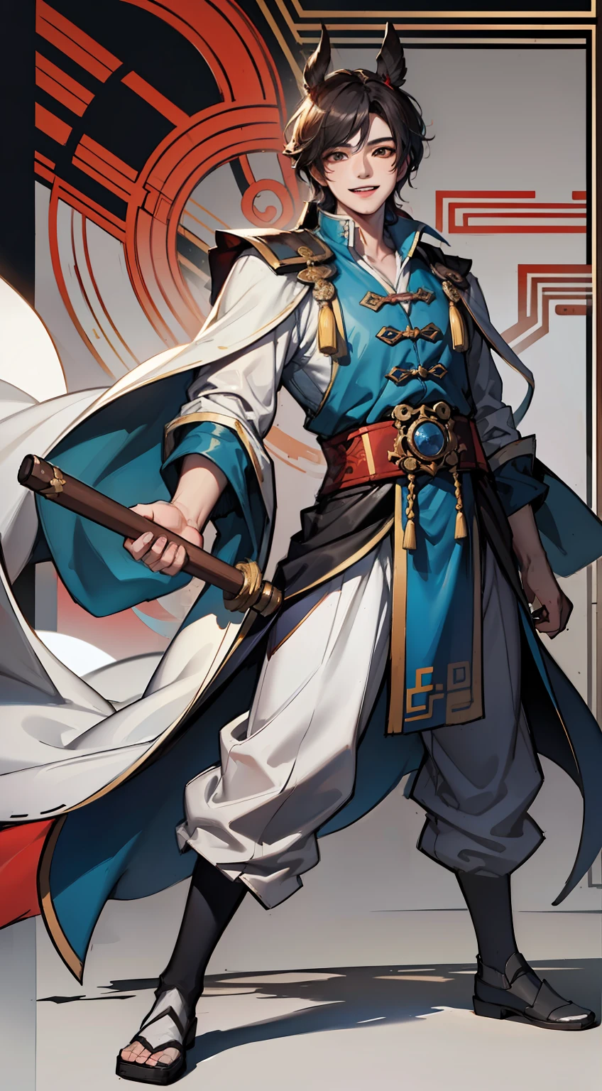 1 young man，full body shot shot，China-style，Chinese Ancient Times，Chinese court，With a smile，Be on the loose，white backgrounid，Fighting posture，Dark blue clothes，Xianxia