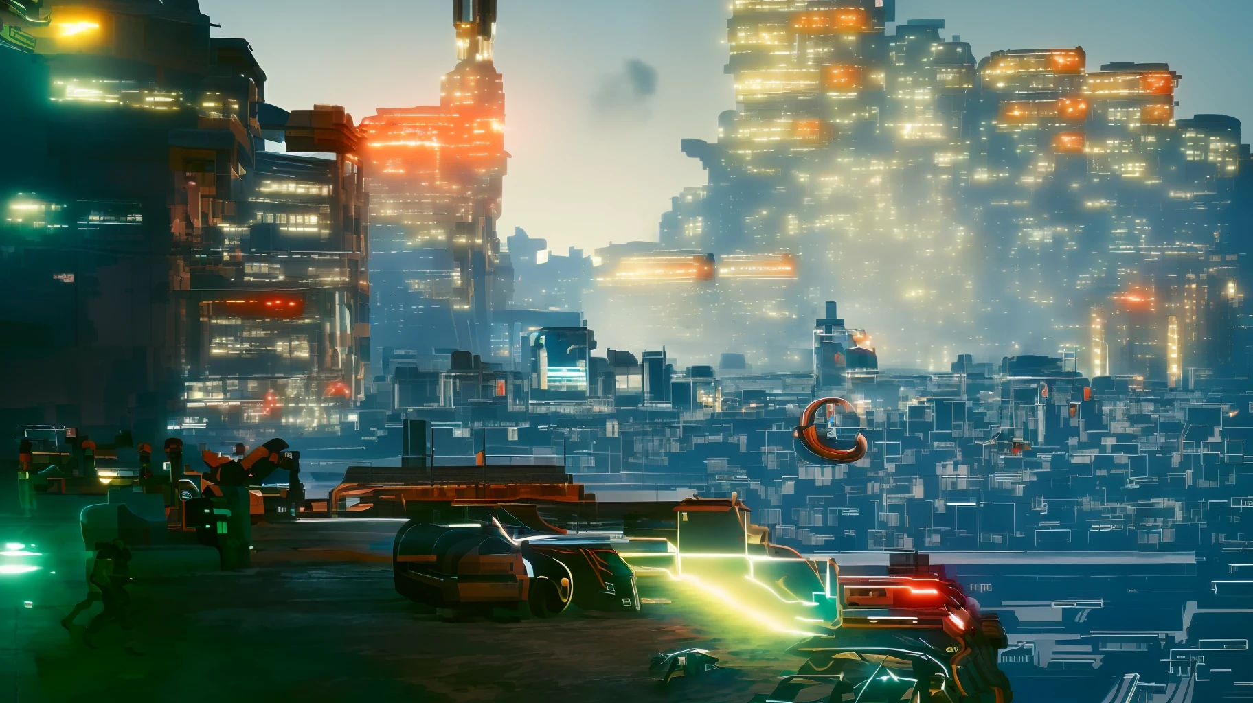(cyberpunk building,A large number of NPCs,Beautiful morning fog),(Buildings,Ambilight,night city on the background),(Multitasking investigations,Character details),(Heavy industrial texture)+(High detail production skills,Libido boy),(Innovative styling,short detailed hair,Futuristic clothing),(T-shaped retro landscape),(Vintage atmosphere plot,Unique music and colors)Surrealism, Art Deco, Cubist Futurism, Futurism, cinematic lighting, motion blur, ray tracing, UHD, 16k, high quality, high details