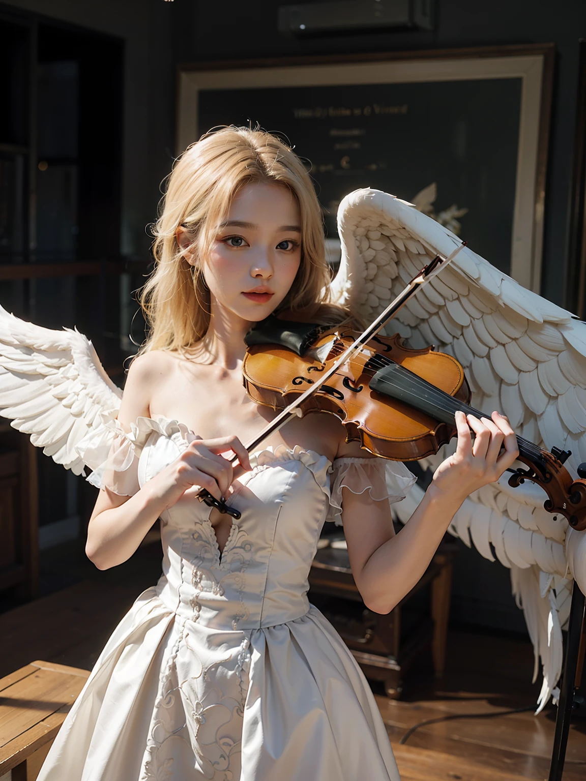 Blonde angel with violin and wings, (fantasy violin), fantasy violin, young wan angel, Shot on Canon EOS R 6, beautiful angel, shot with canon eoa 6 d mark ii, cosplay foto, Angelic, violin, by Yang J, with real wings, standing on top of a violin, angelicales, sakimichan, shot on canon eos r 5