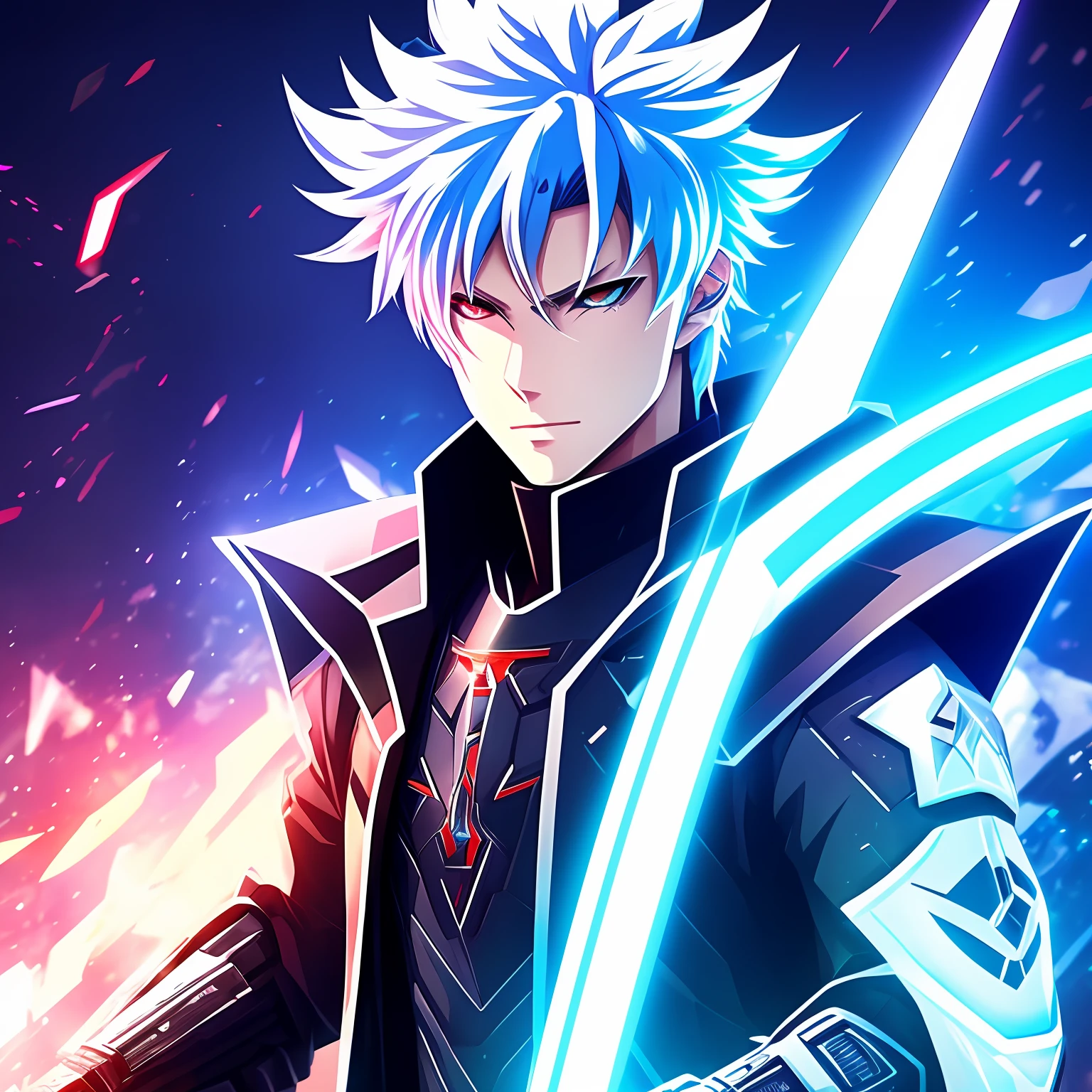 cyber punk perssonage。fansty world。Handsome。k hd 。Create an image using a prism effect。Holding a knife。Anime style。Blue-white eyes。Upper demigod。火焰。ultra-delicate