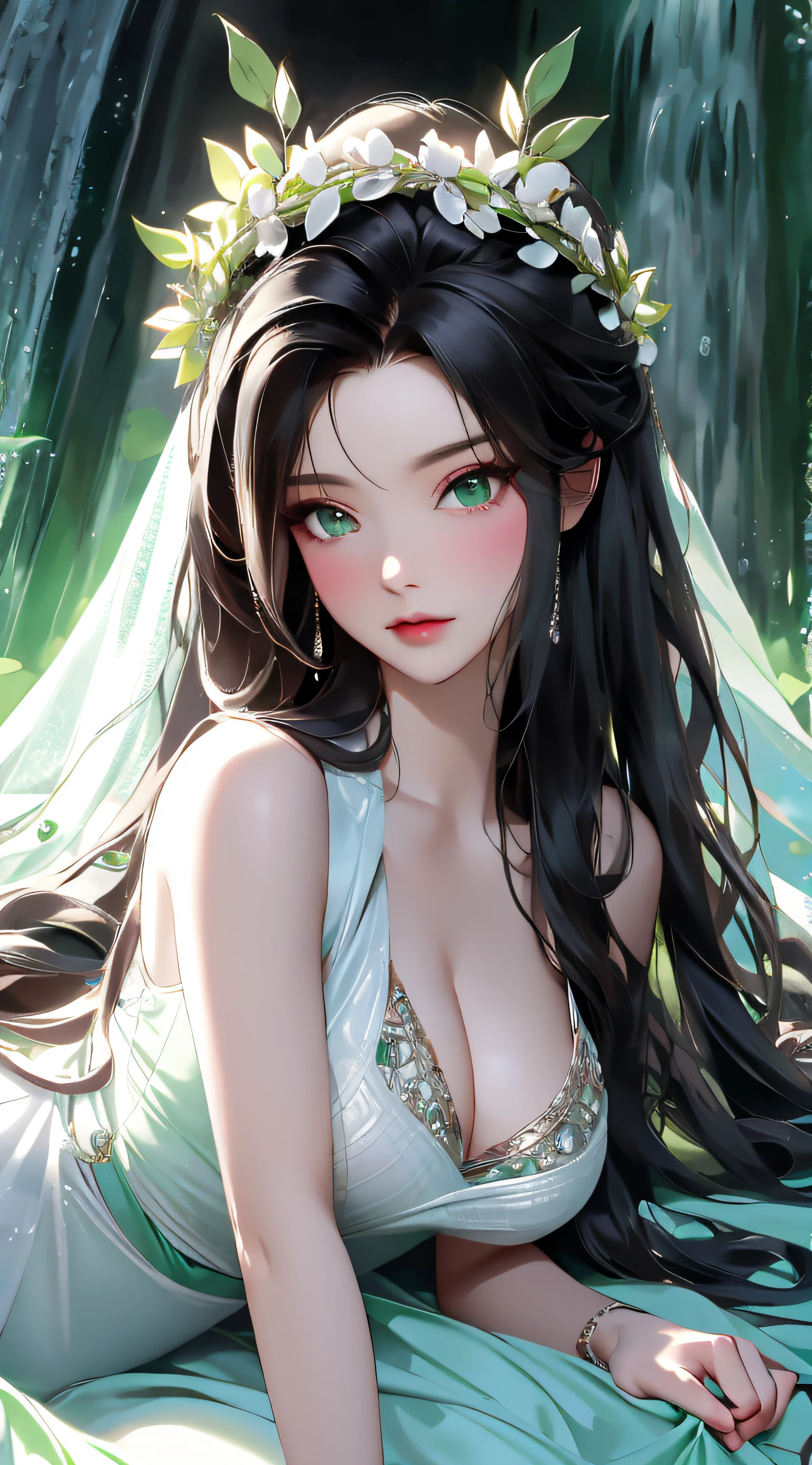 tmasterpiece,best qualtiy,8K,primitive:1.2,realisticlying:1.4,Grotesque,1 sprite,Sexy and revealing,Solo,ff Tifa,Most detailed,opens his eyes wide:1.3,eyes reflection:1.5,eyes with brightness:1.5,White skin,(Green dress,head wreath),full-length zipper,Slim,Thin leg,sitted,moon,Updraft,The upper part of the body,rainbowing,cinmatic lighting,Beautiful misty forest and waterfalls